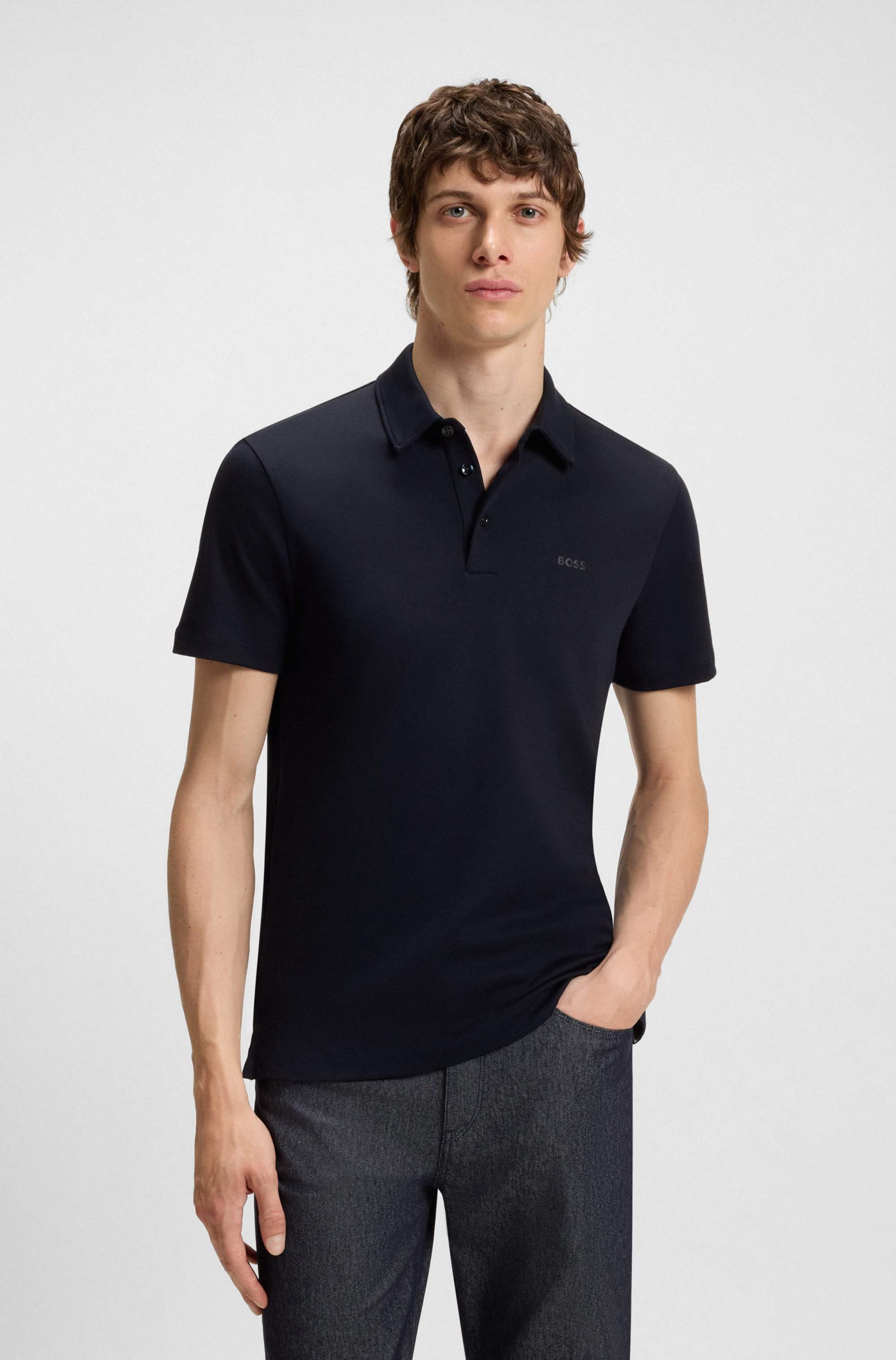 Slim-fit polo shirt in cotton with rubberised logo