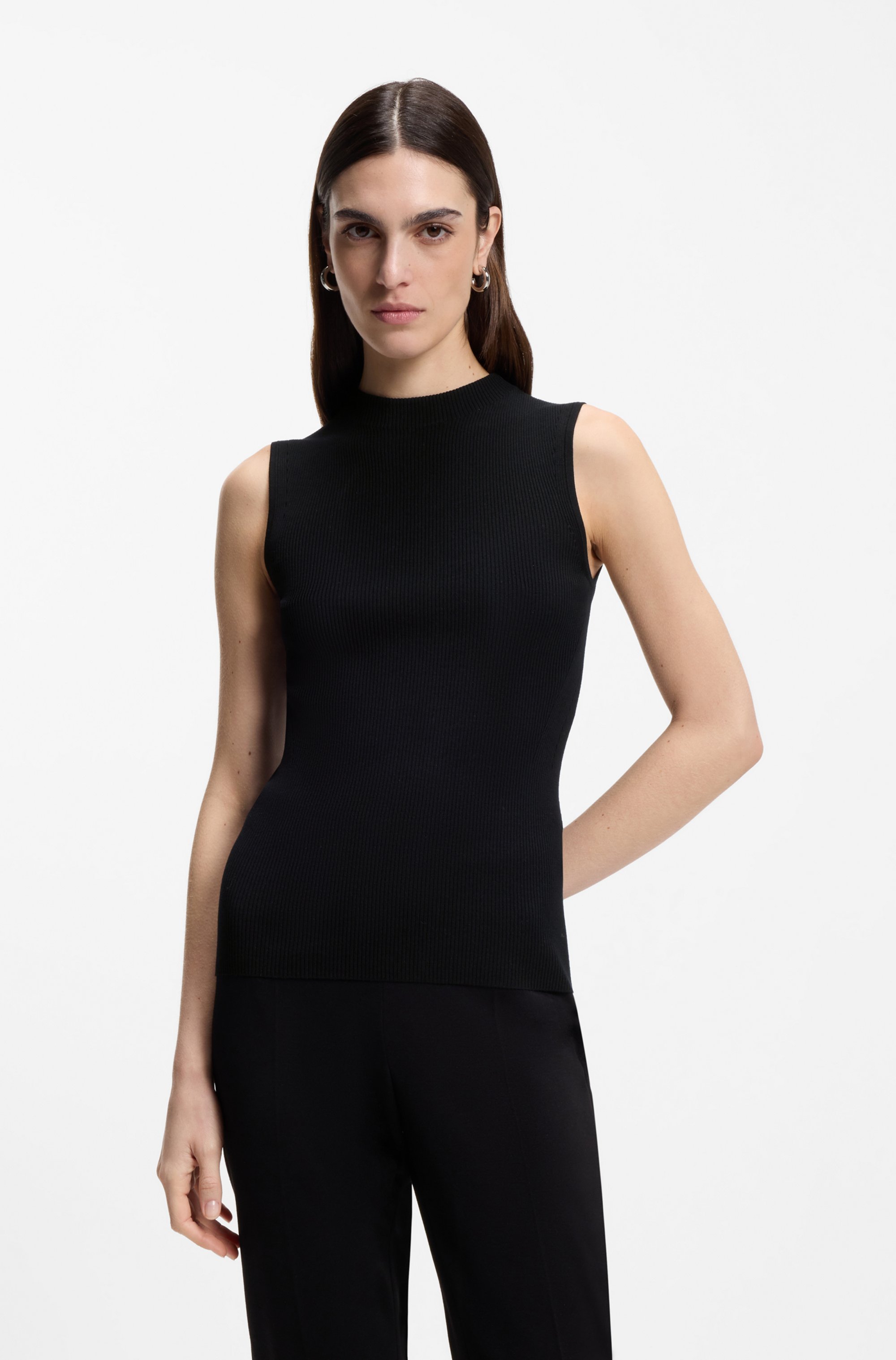 Ribbed-knit top with mock neckline