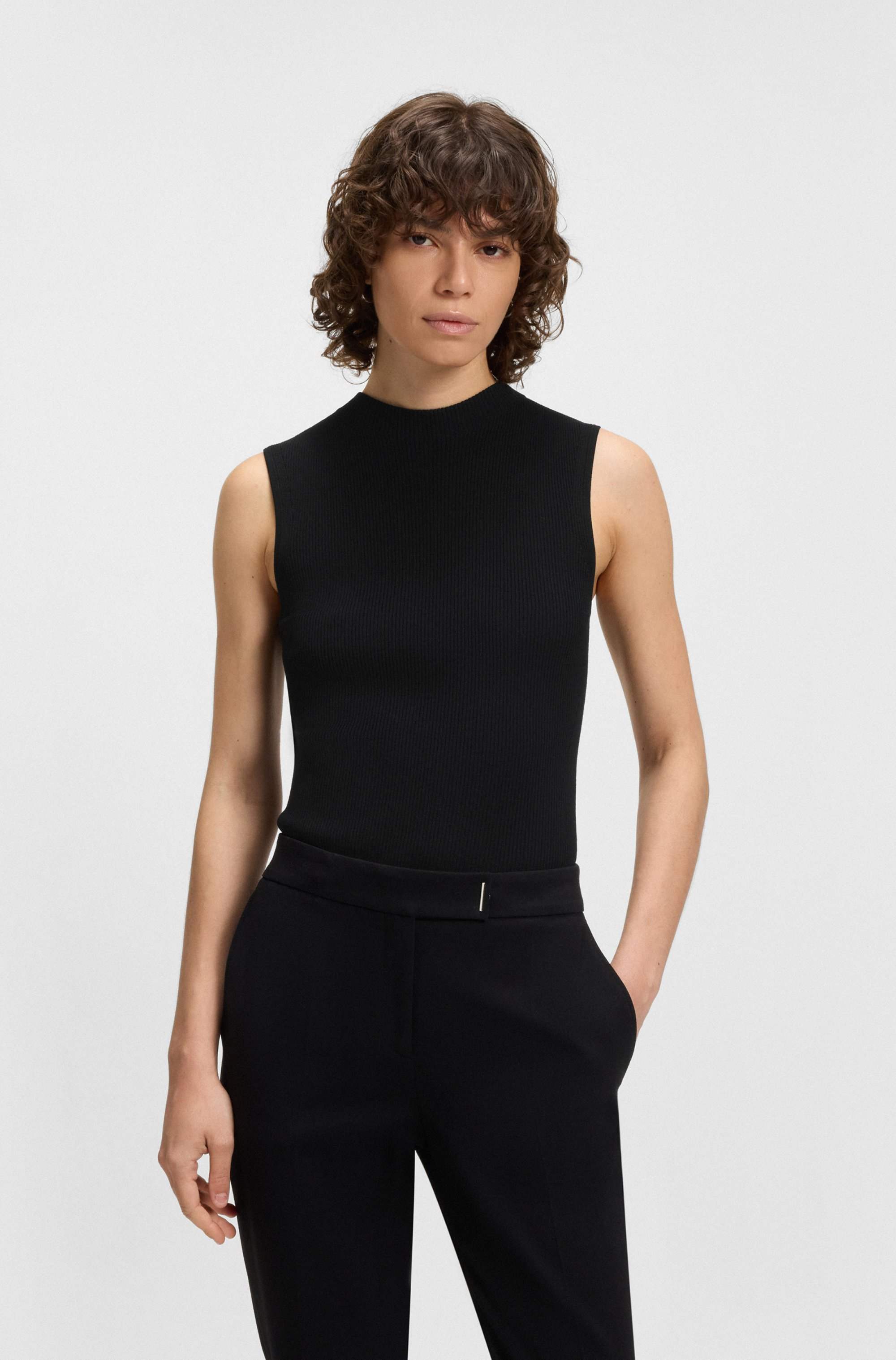 Ribbed-knit top with mock neckline