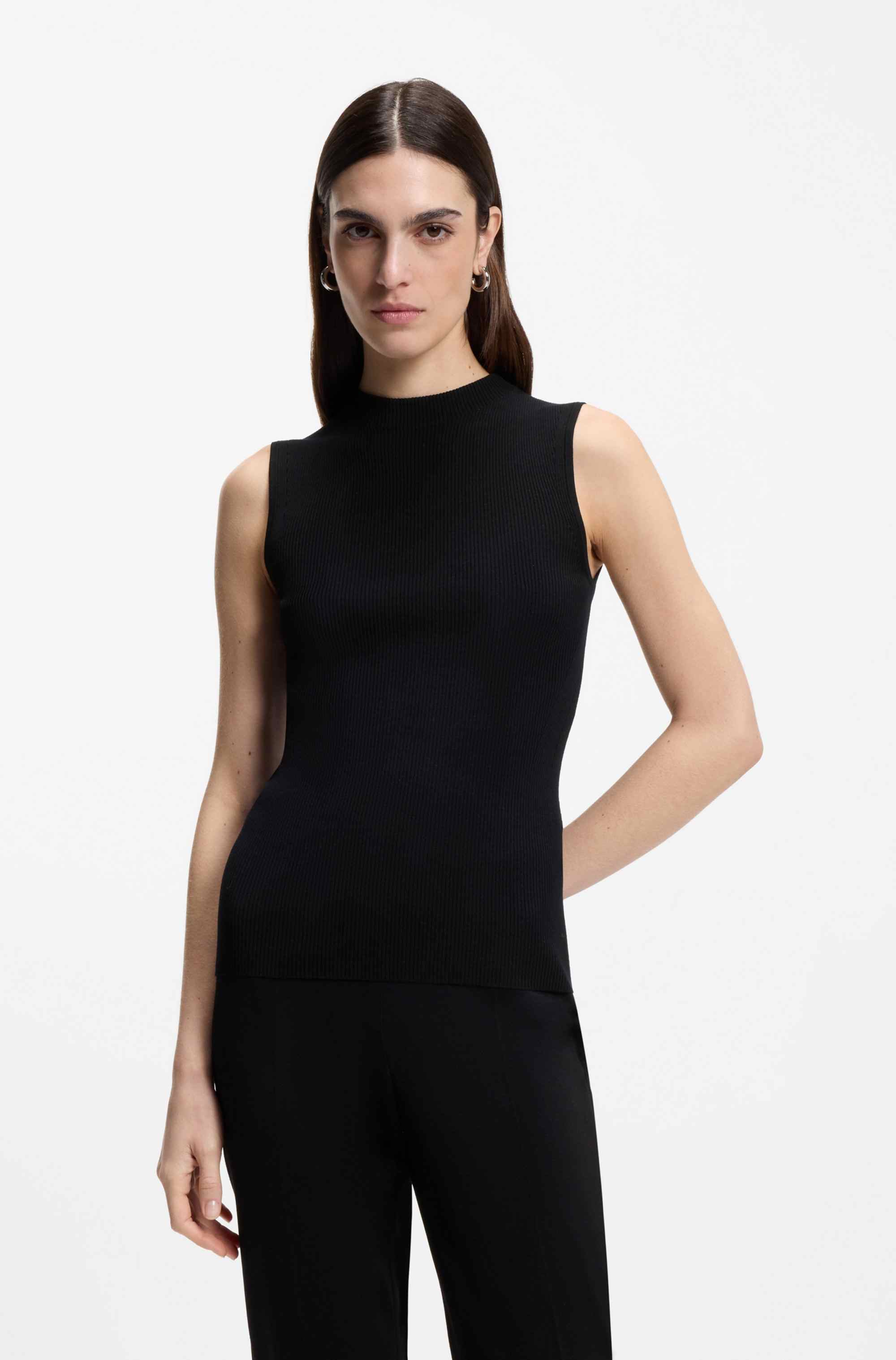 Ribbed-knit top with mock neckline