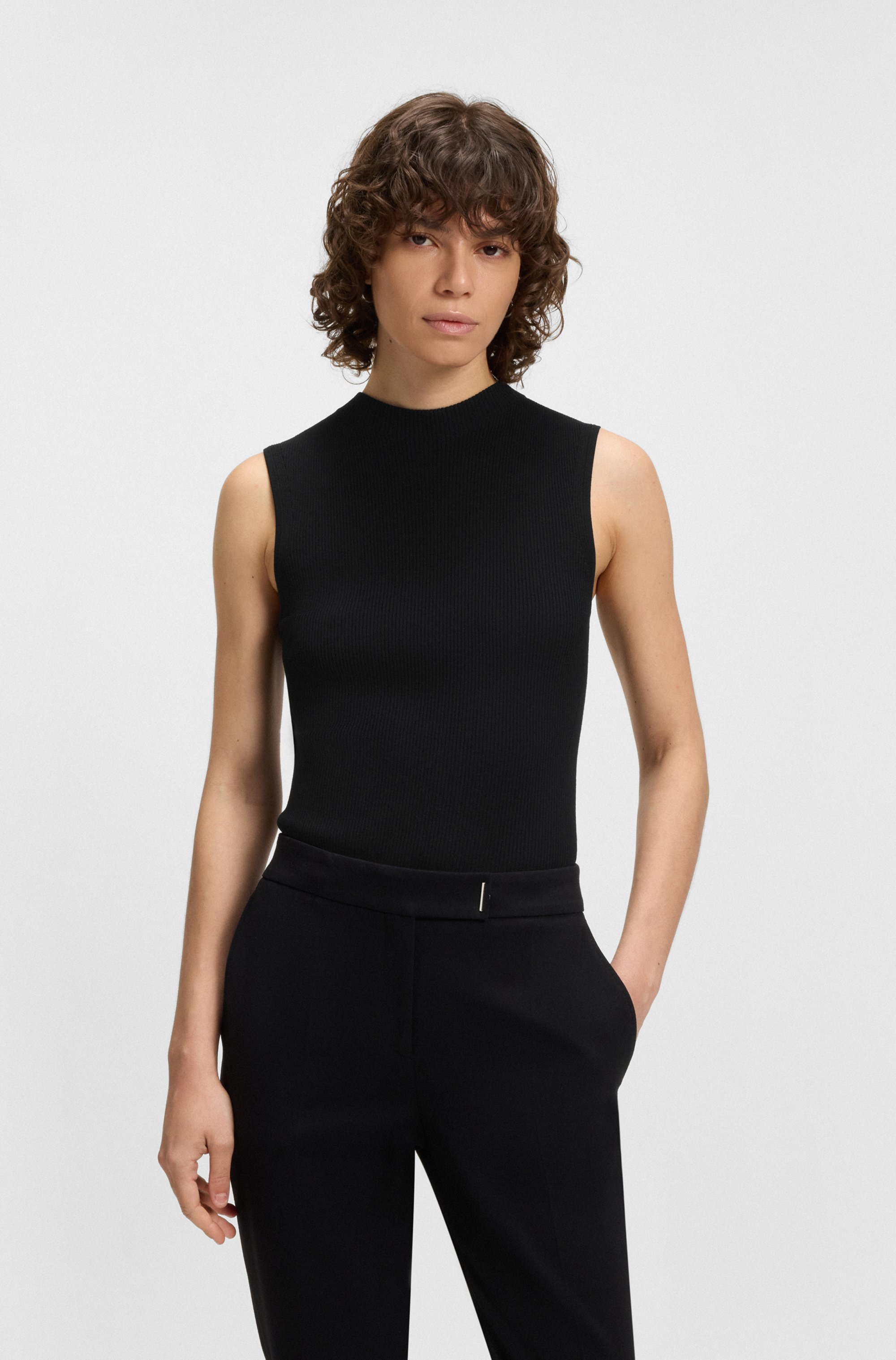 Ribbed-knit top with mock neckline