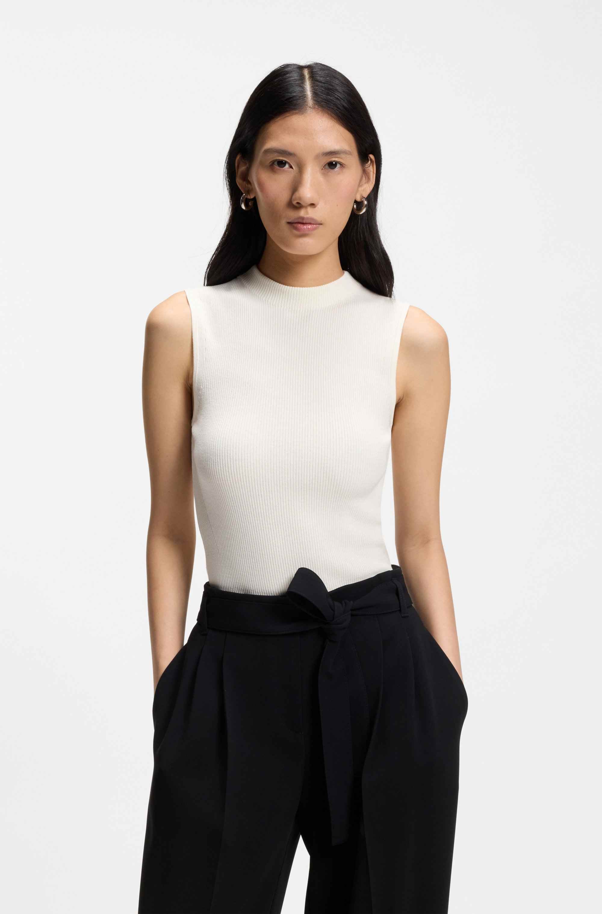 Ribbed-knit top with mock neckline