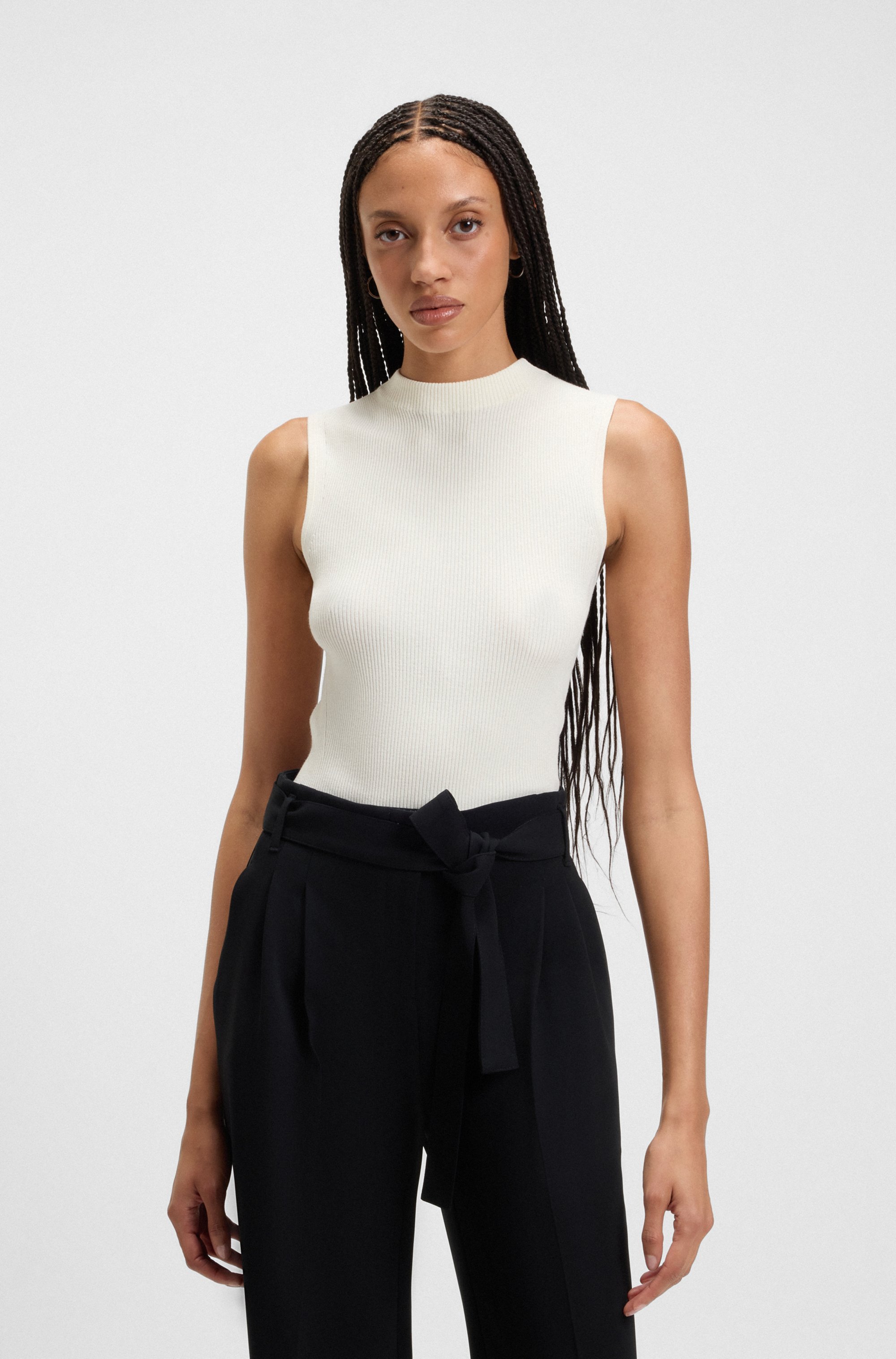 Ribbed-knit top with mock neckline
