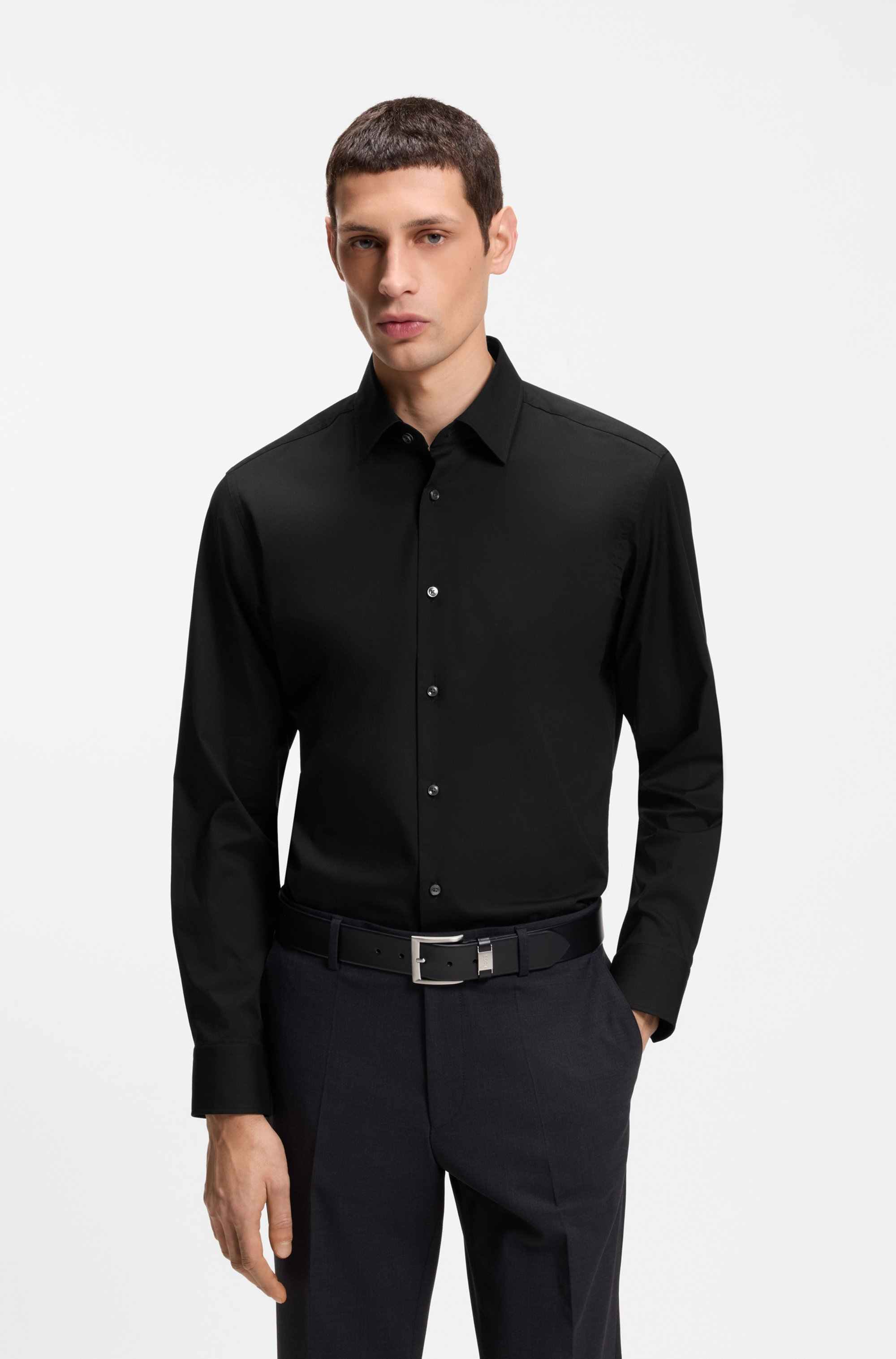 Regular-fit shirt in easy-iron stretch-cotton poplin