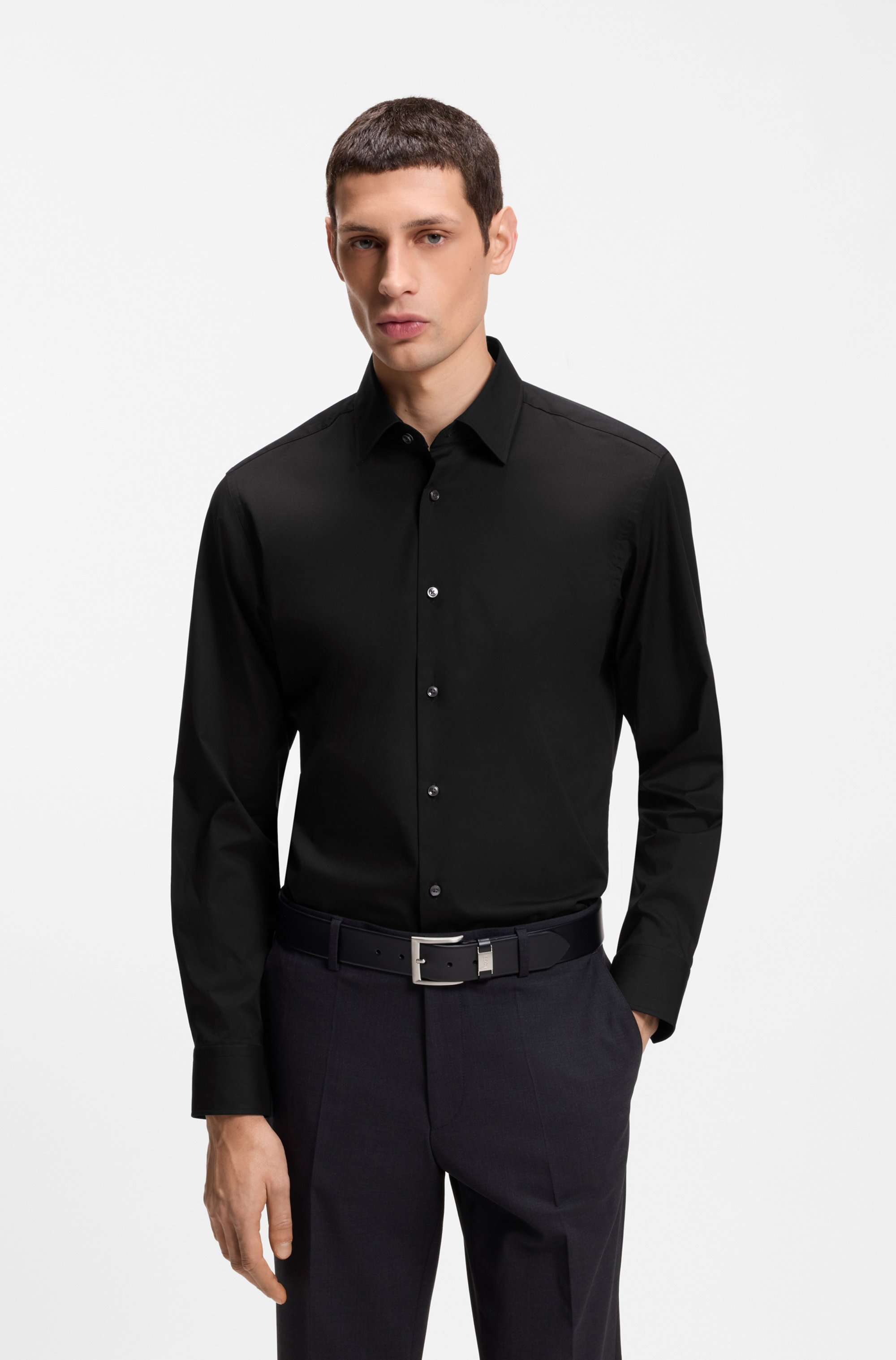 Regular-fit shirt in easy-iron stretch-cotton poplin
