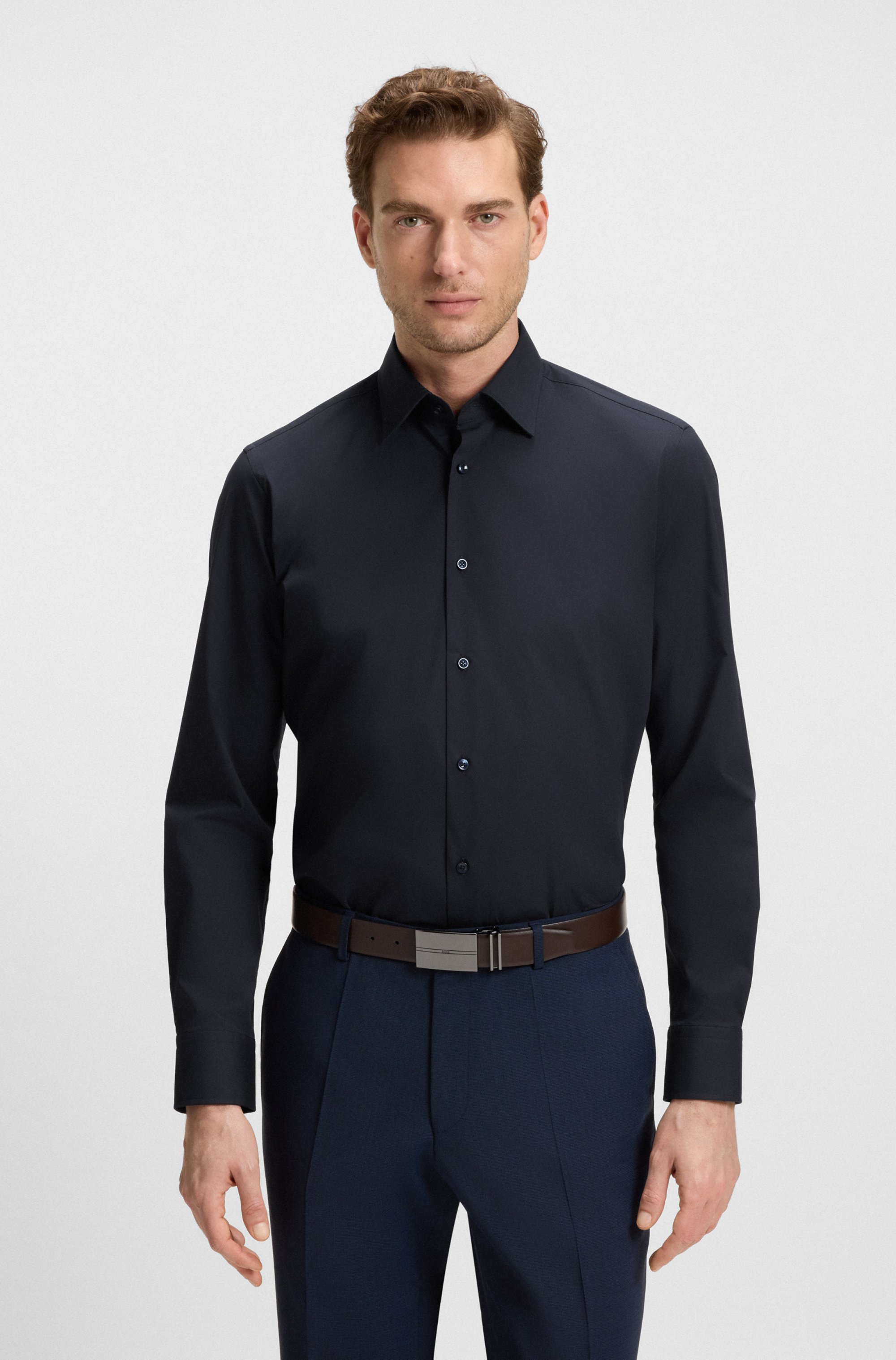 Regular-fit shirt in easy-iron stretch-cotton poplin