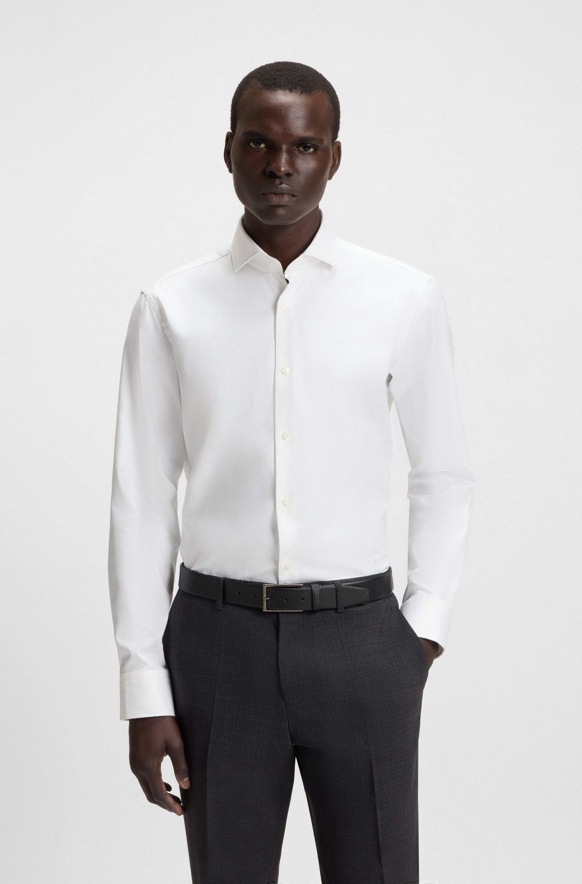 Regular-fit shirt in easy-iron stretch-cotton twill