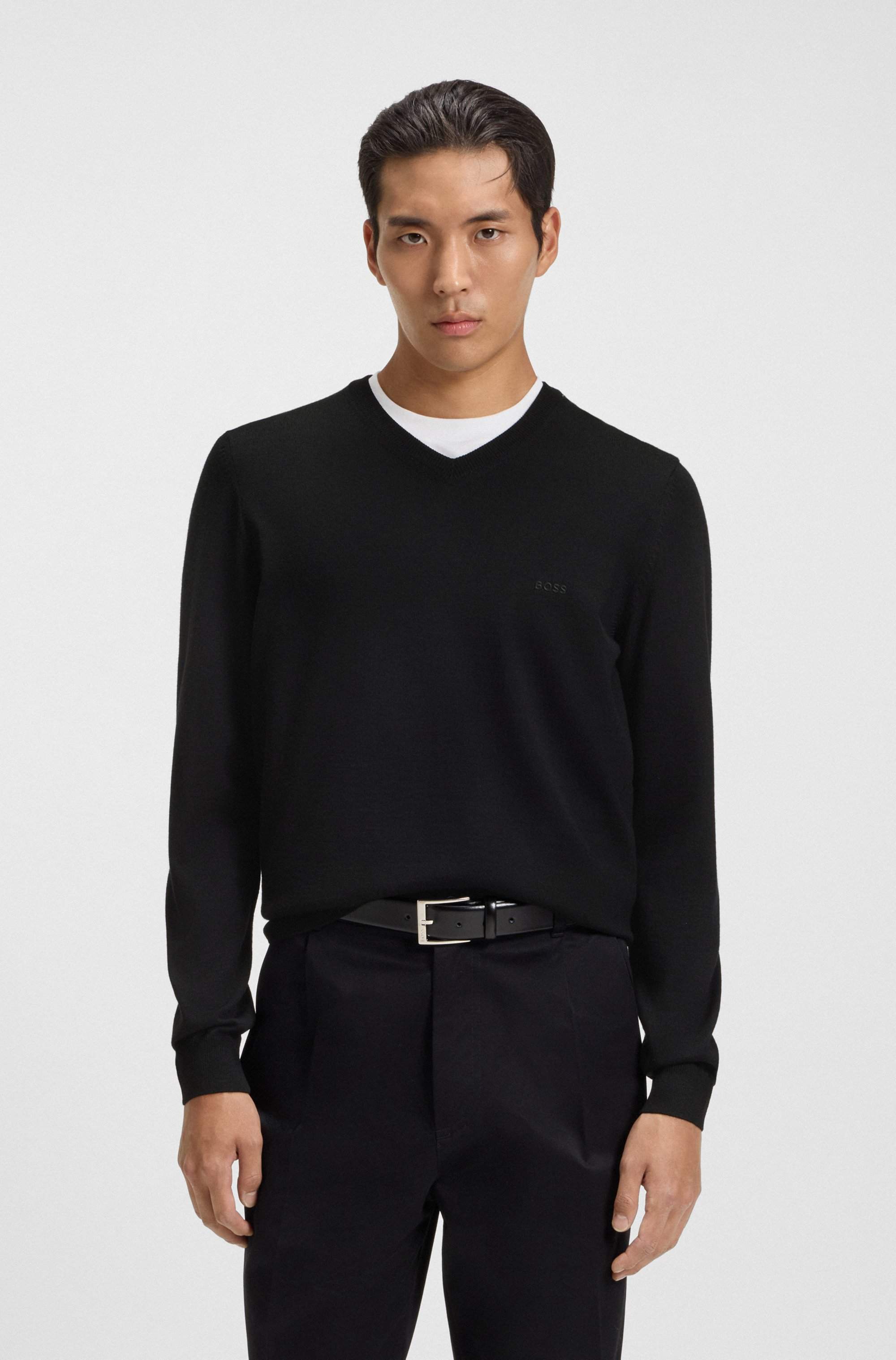 V-neck sweater in virgin wool with embroidered logo