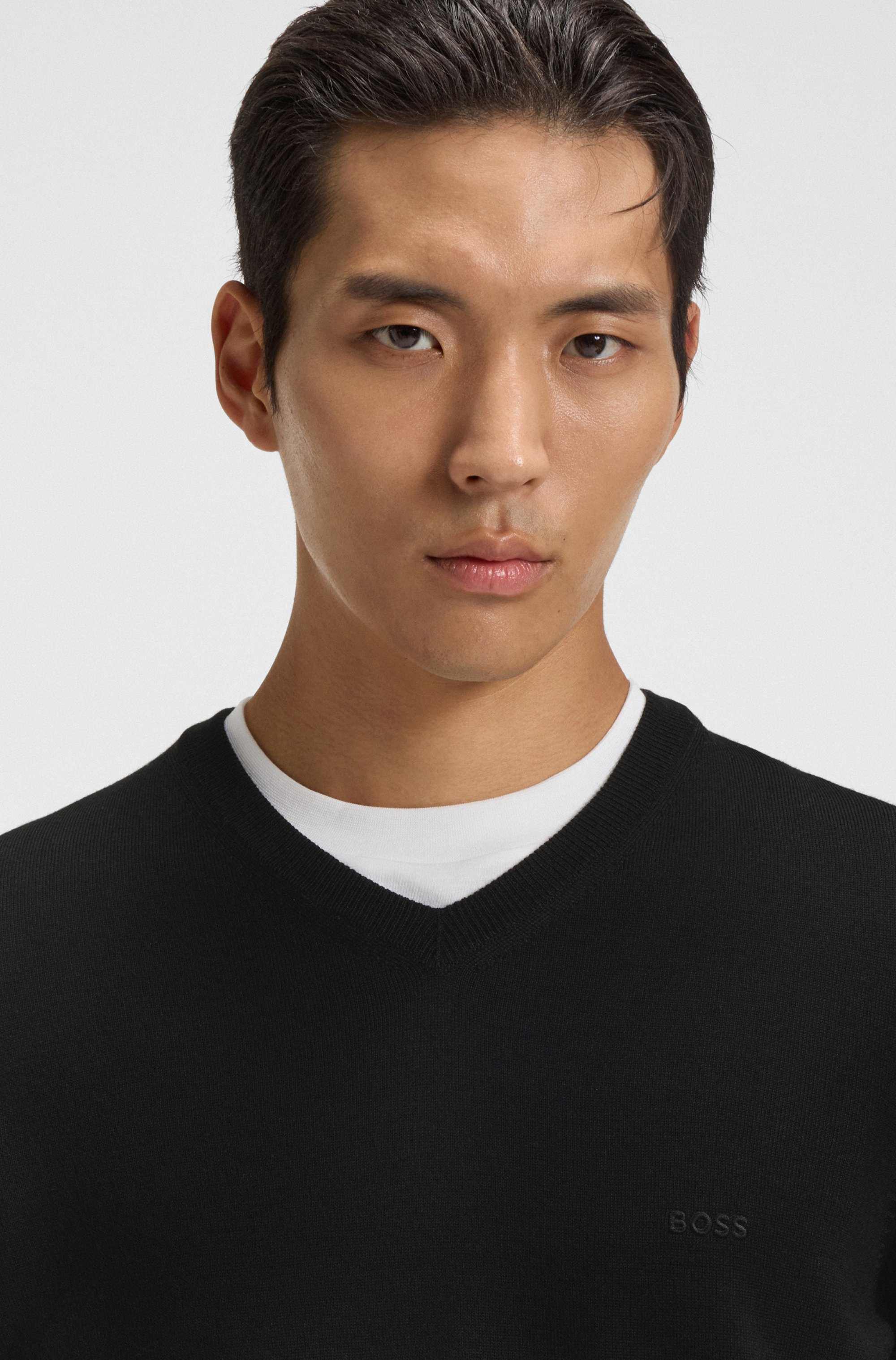 V-neck sweater in virgin wool with embroidered logo