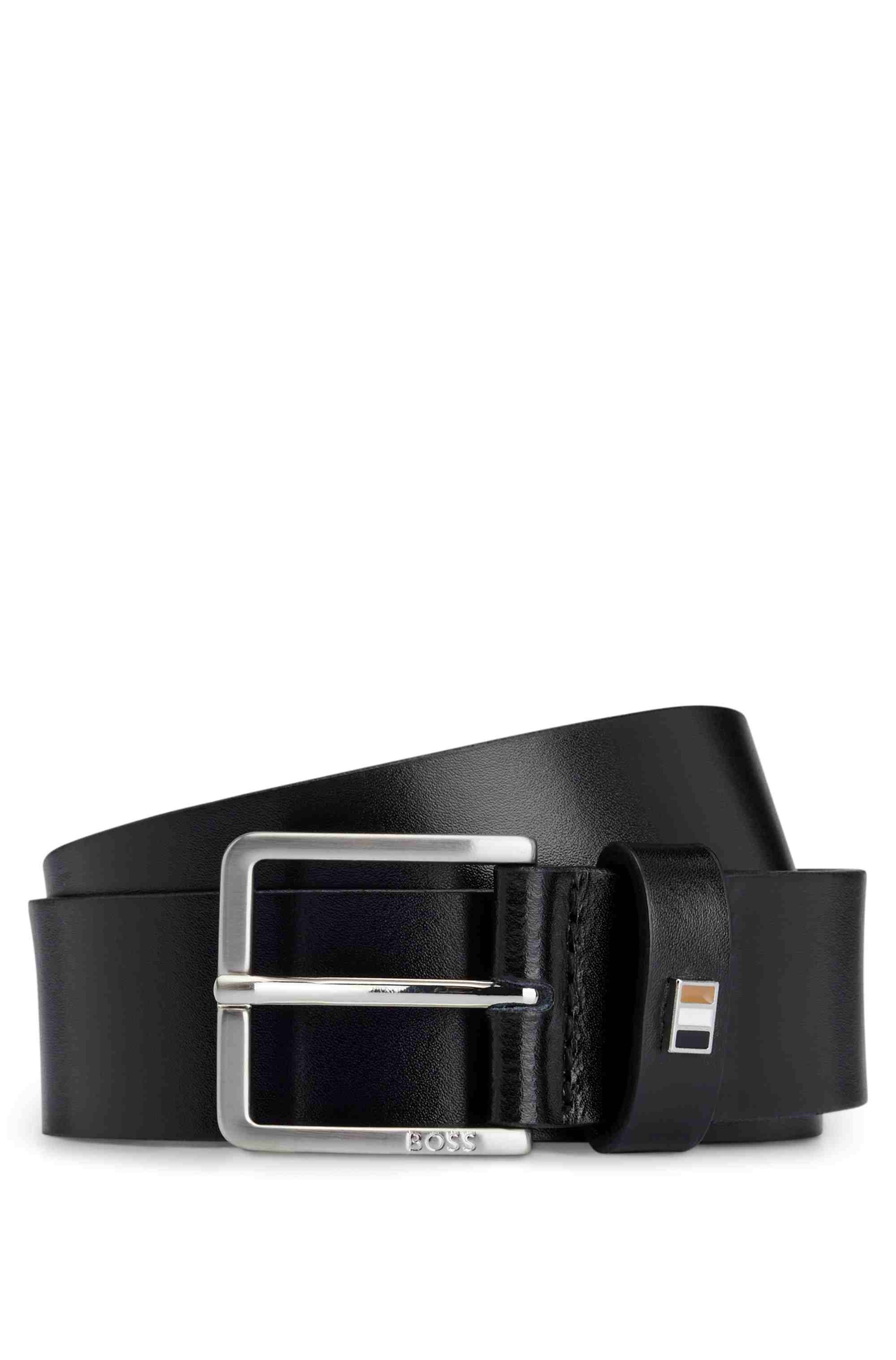 Italian-leather belt with signature-stripe keeper trim