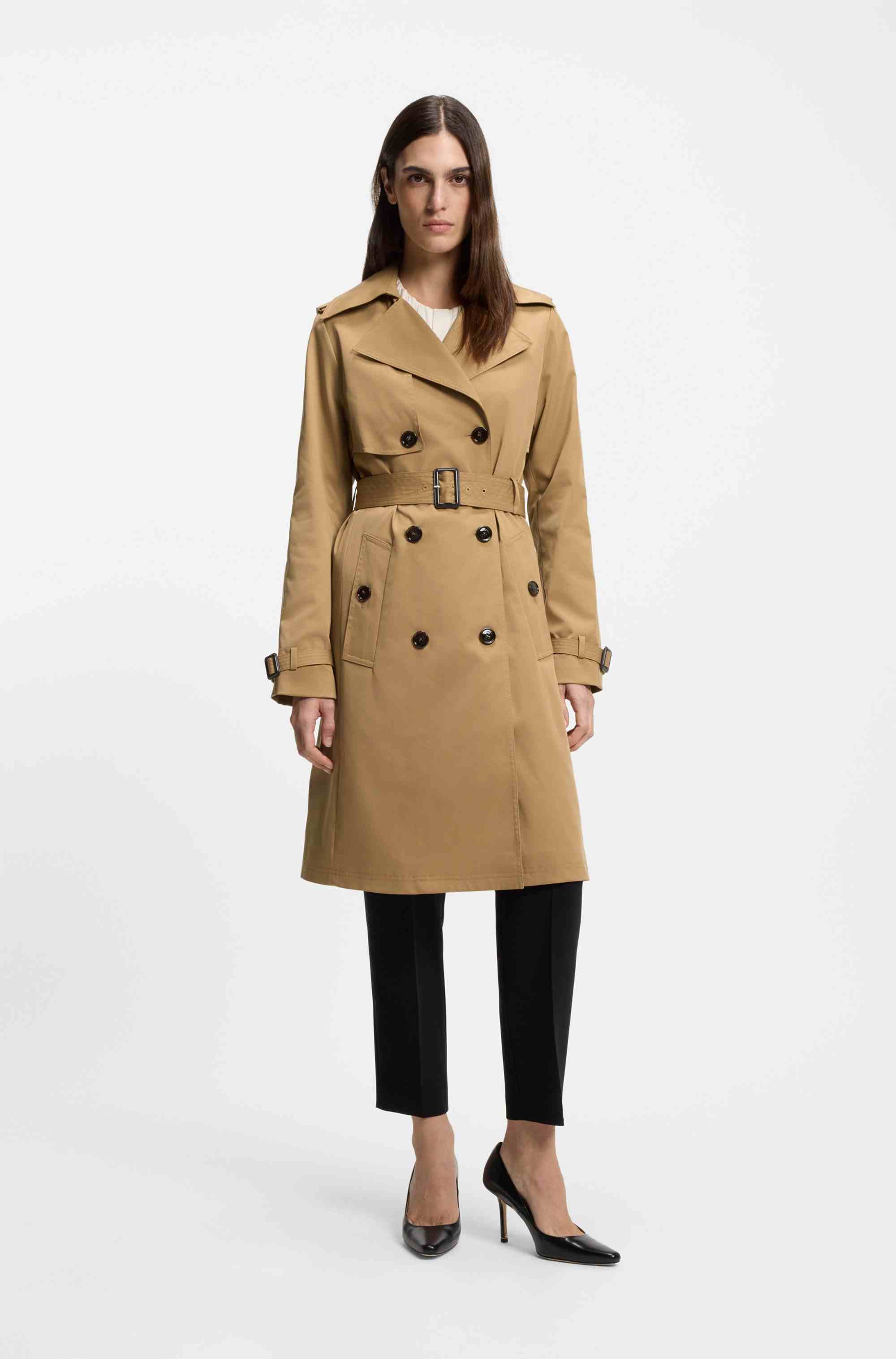 Double-breasted trench coat with buckled belt