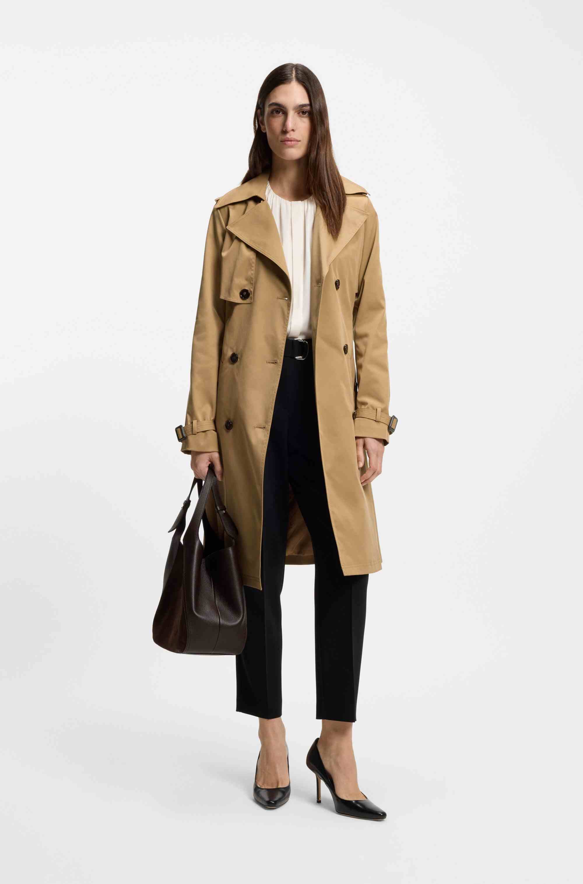 Double-breasted trench coat with buckled belt