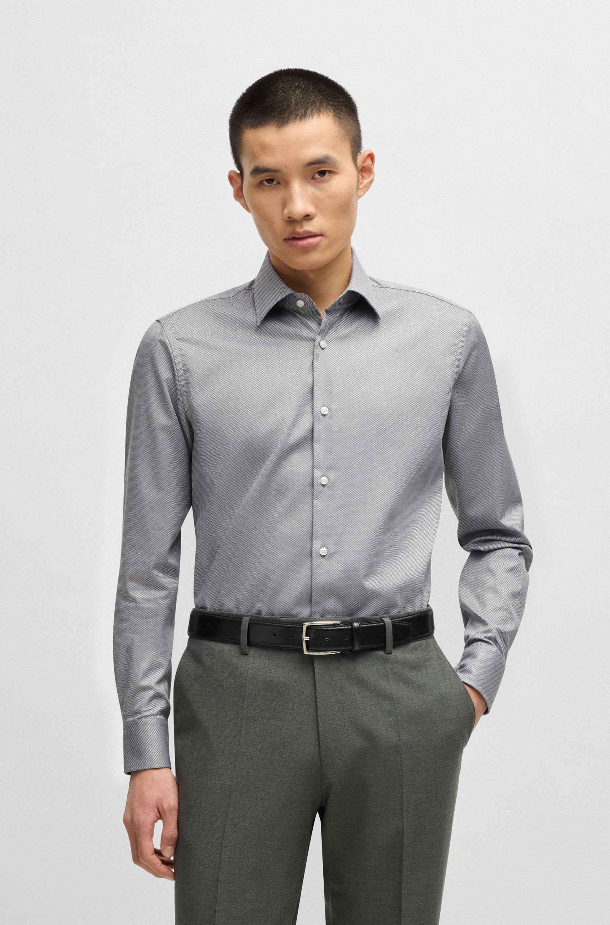 Regular-fit shirt in easy-iron structured stretch cotton