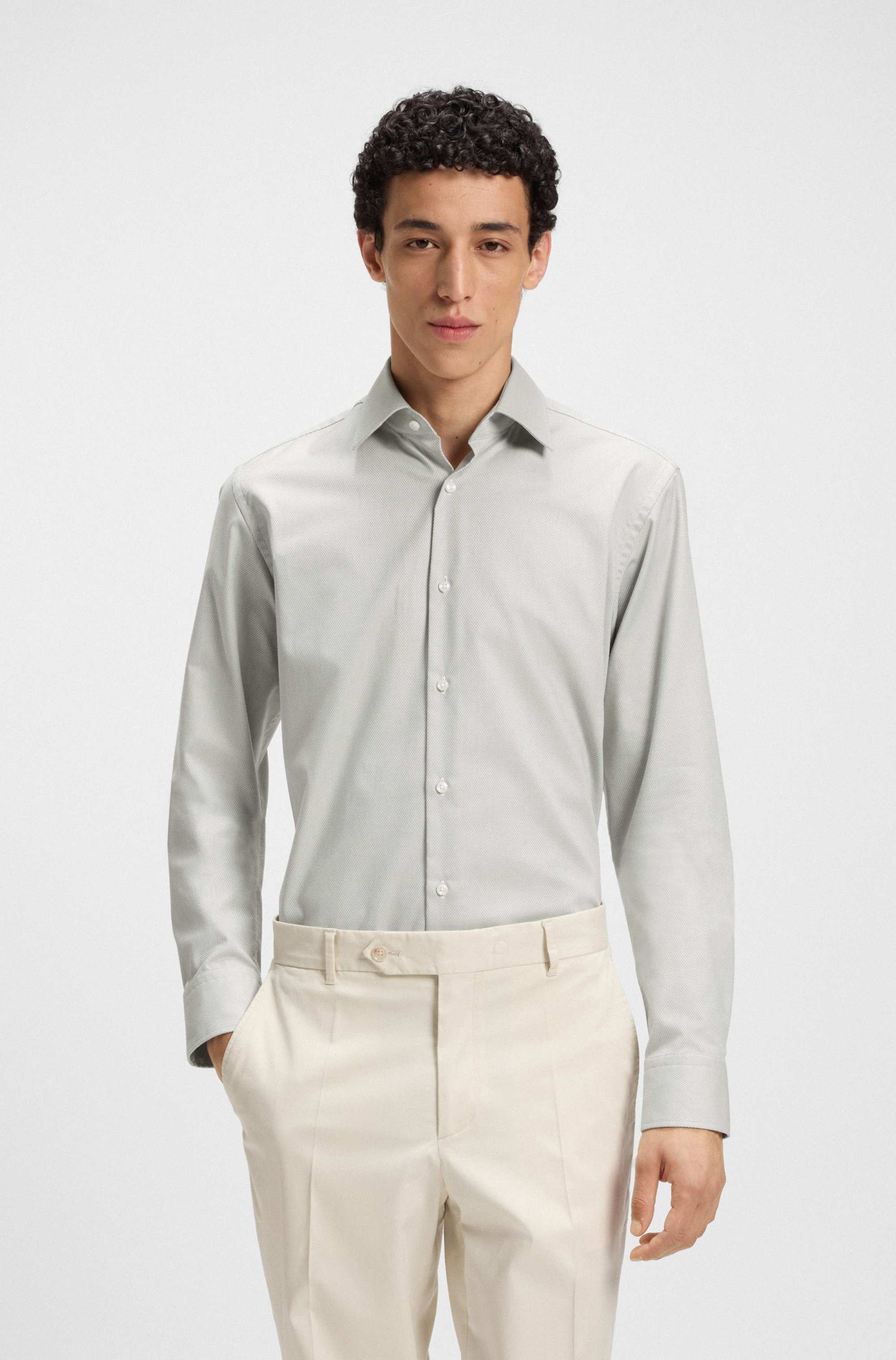 Regular-fit shirt in easy-iron structured stretch cotton