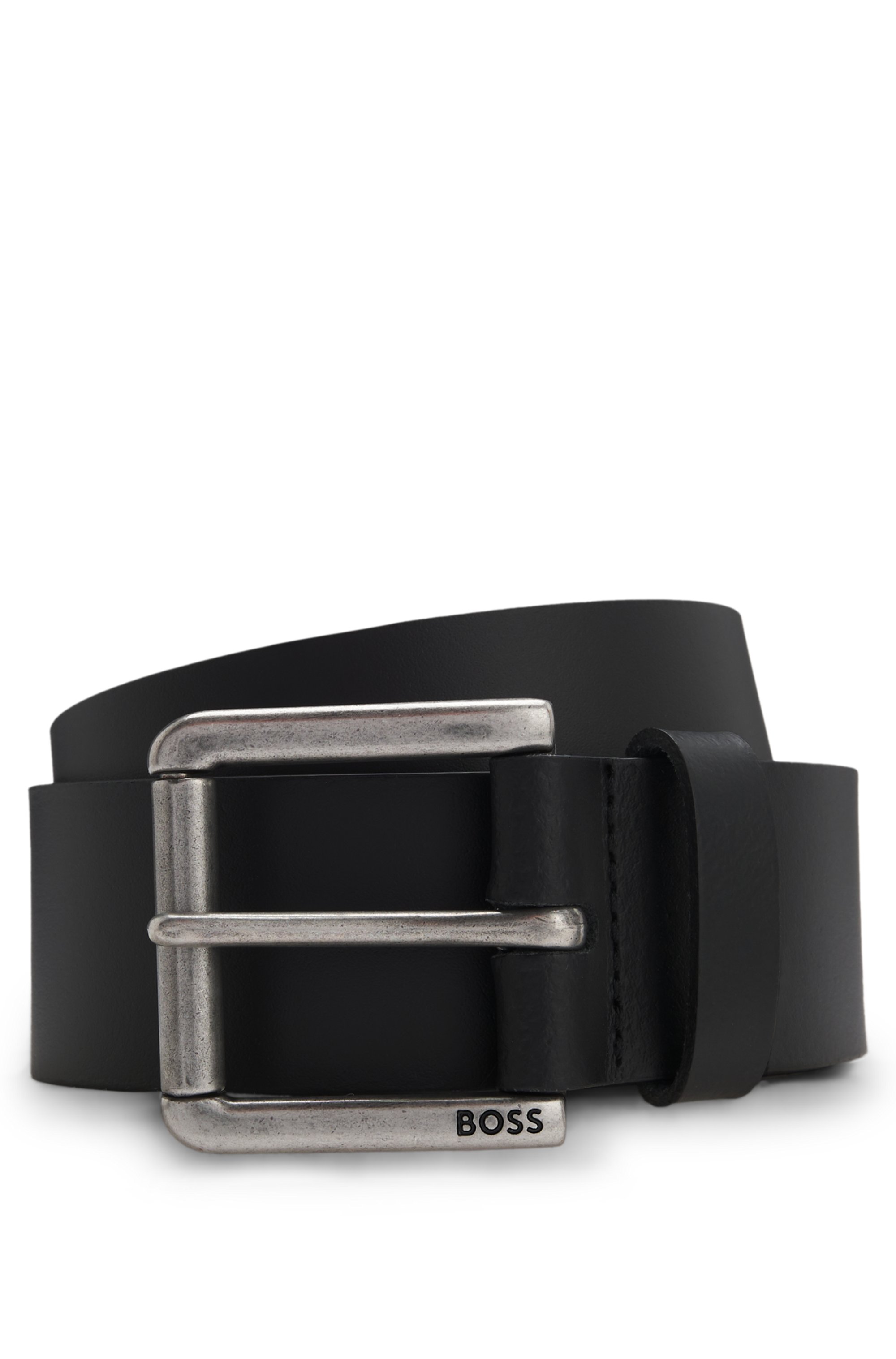 Smooth-leather belt with logo-engraved roller buckle
