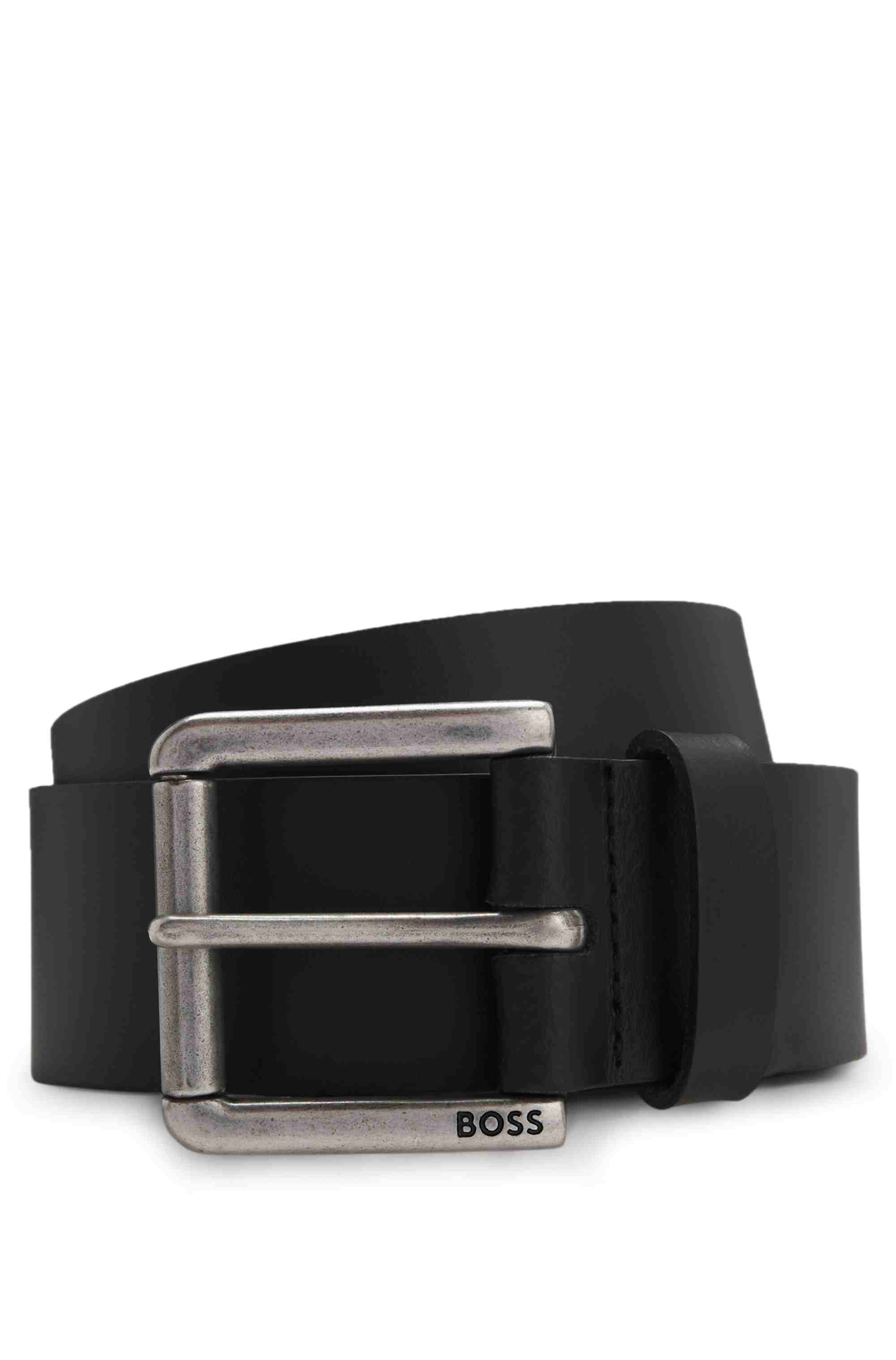 Smooth-leather belt with logo-engraved roller buckle
