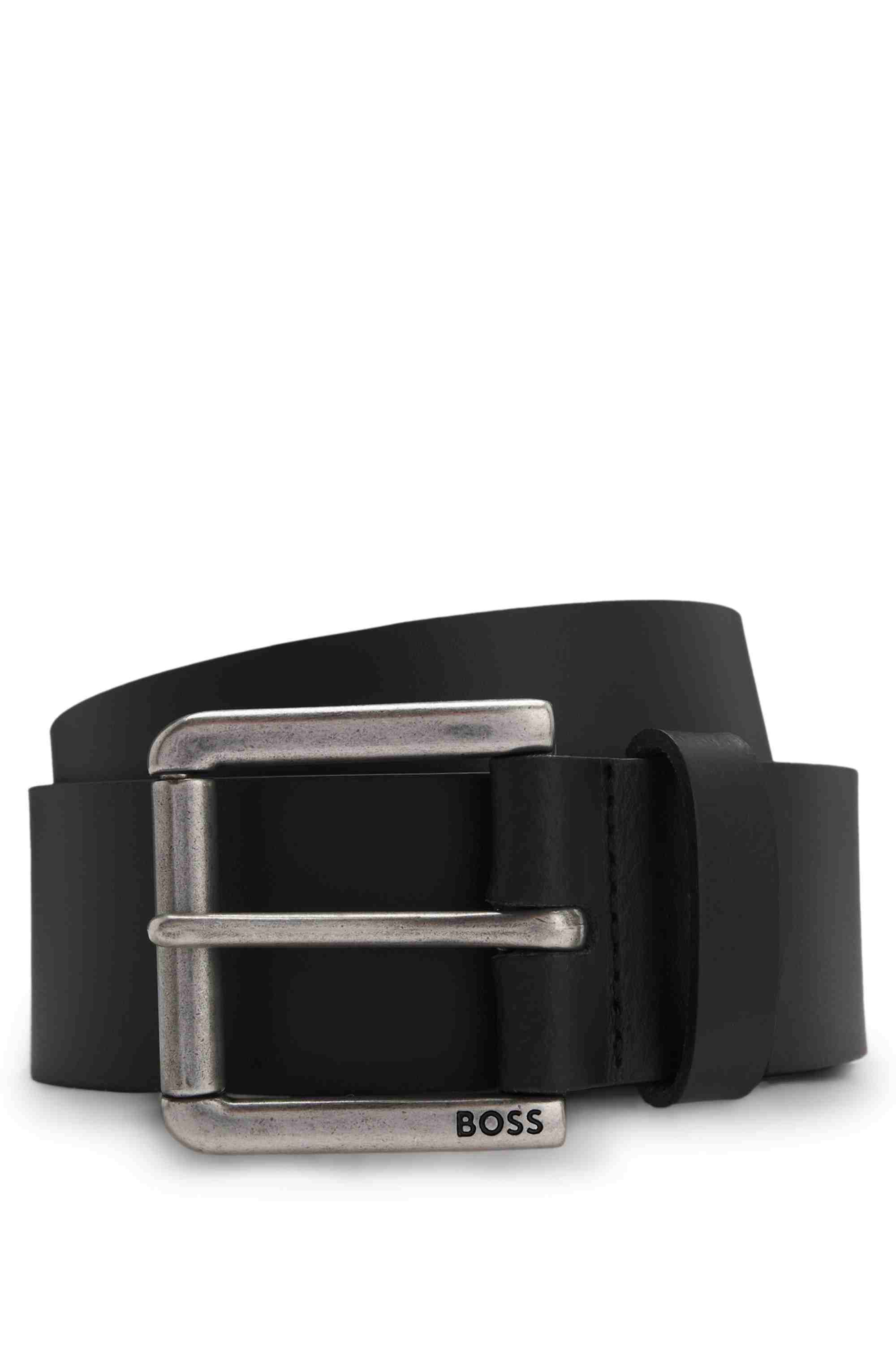 Smooth-leather belt with logo-engraved roller buckle