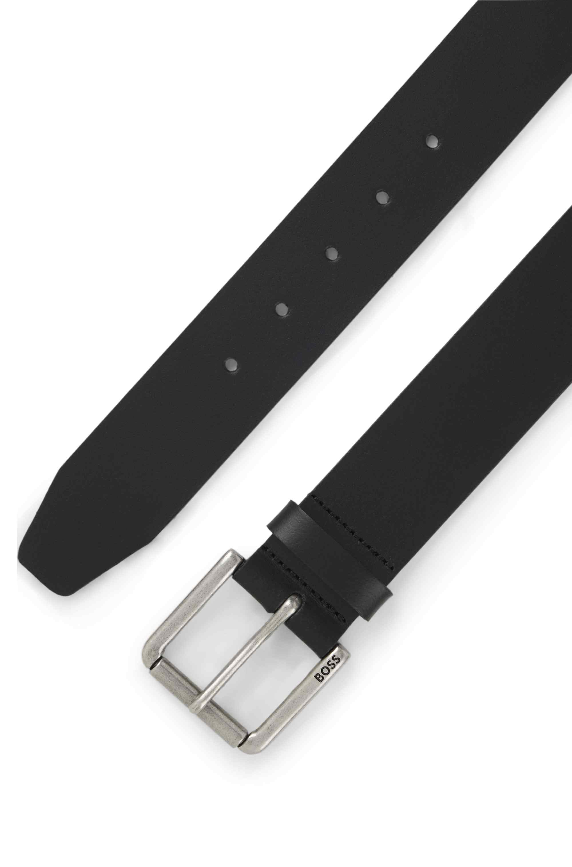 Smooth-leather belt with logo-engraved roller buckle