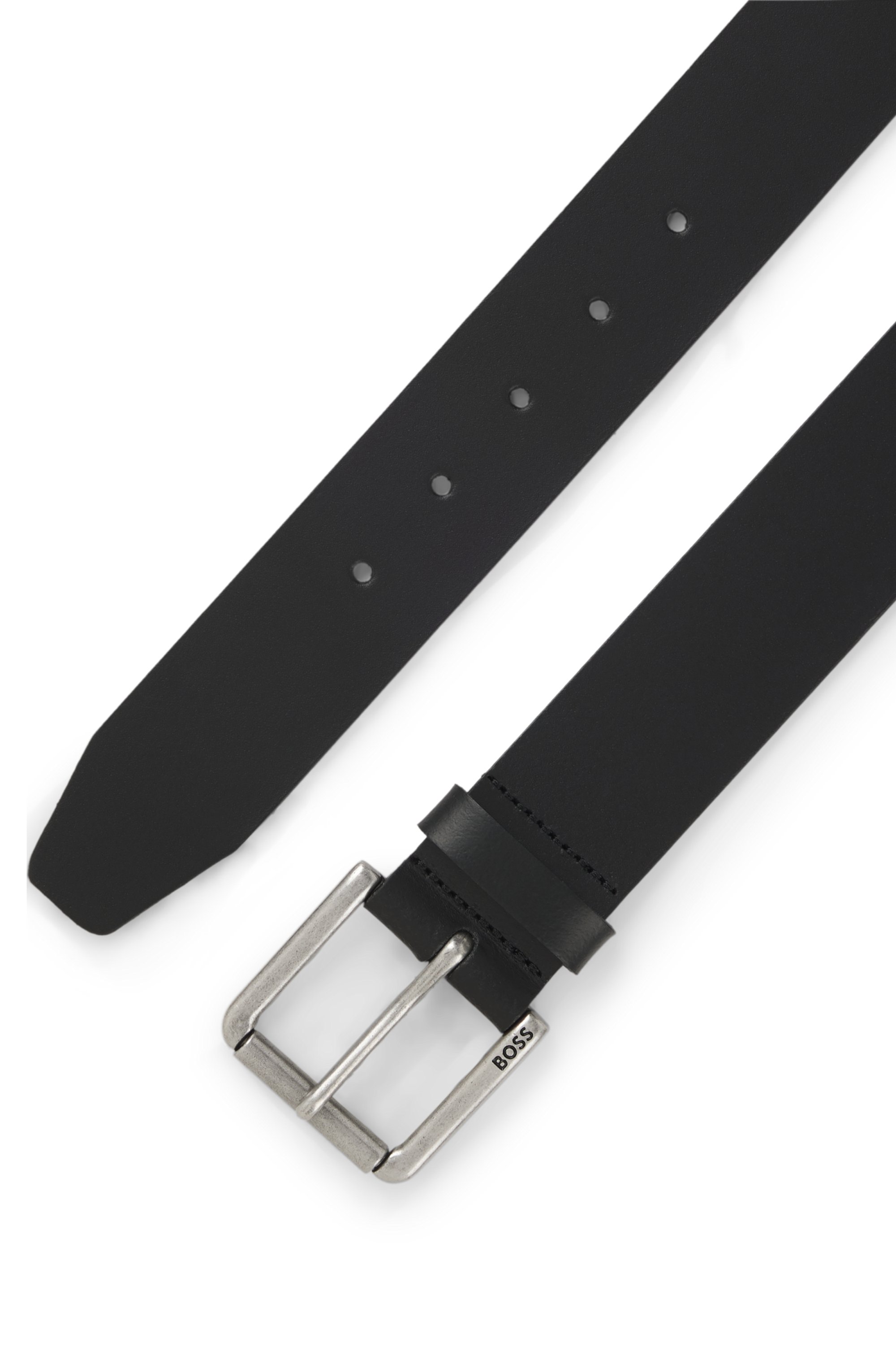 Smooth-leather belt with logo-engraved roller buckle