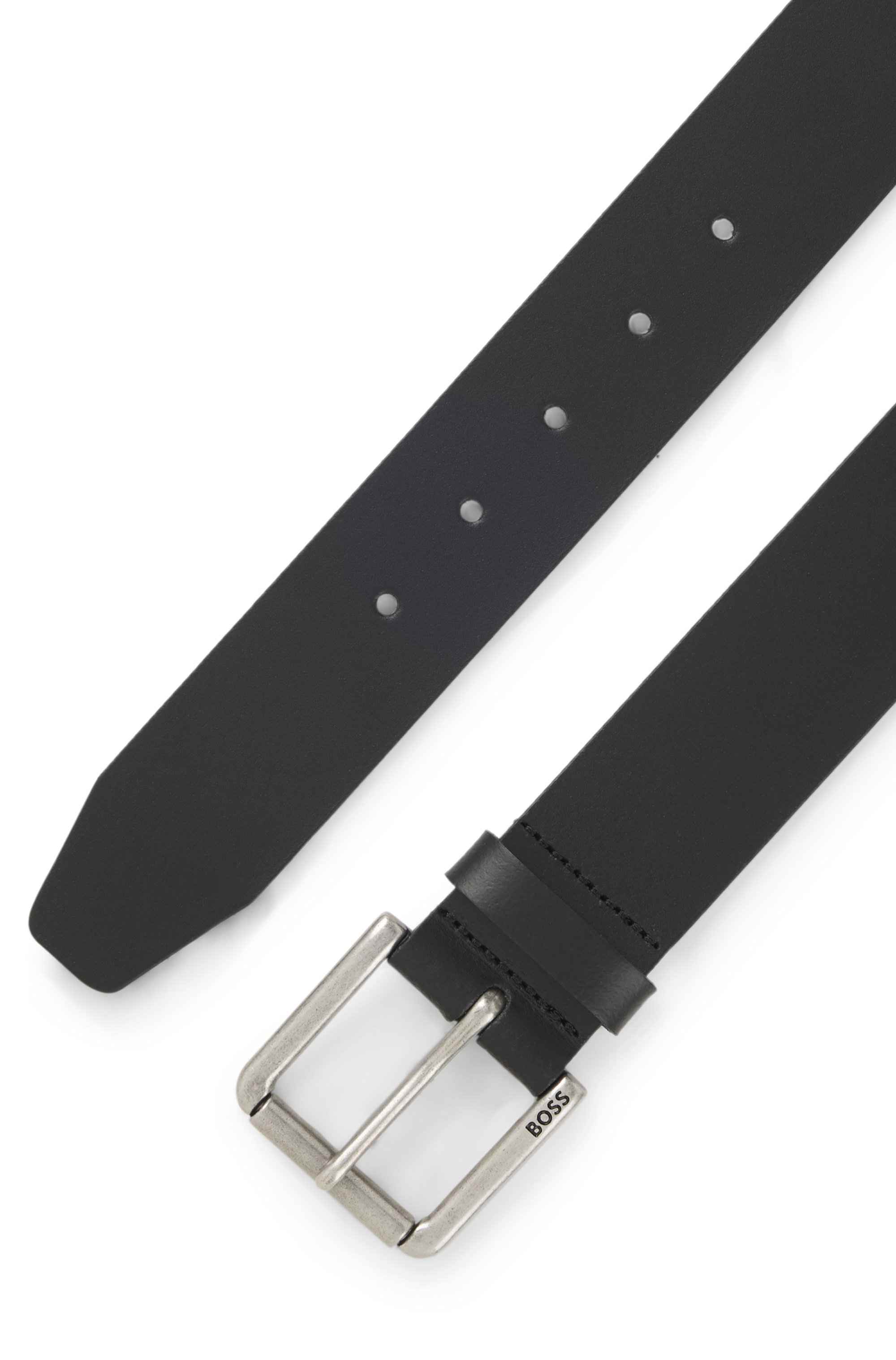 Smooth-leather belt with logo-engraved roller buckle