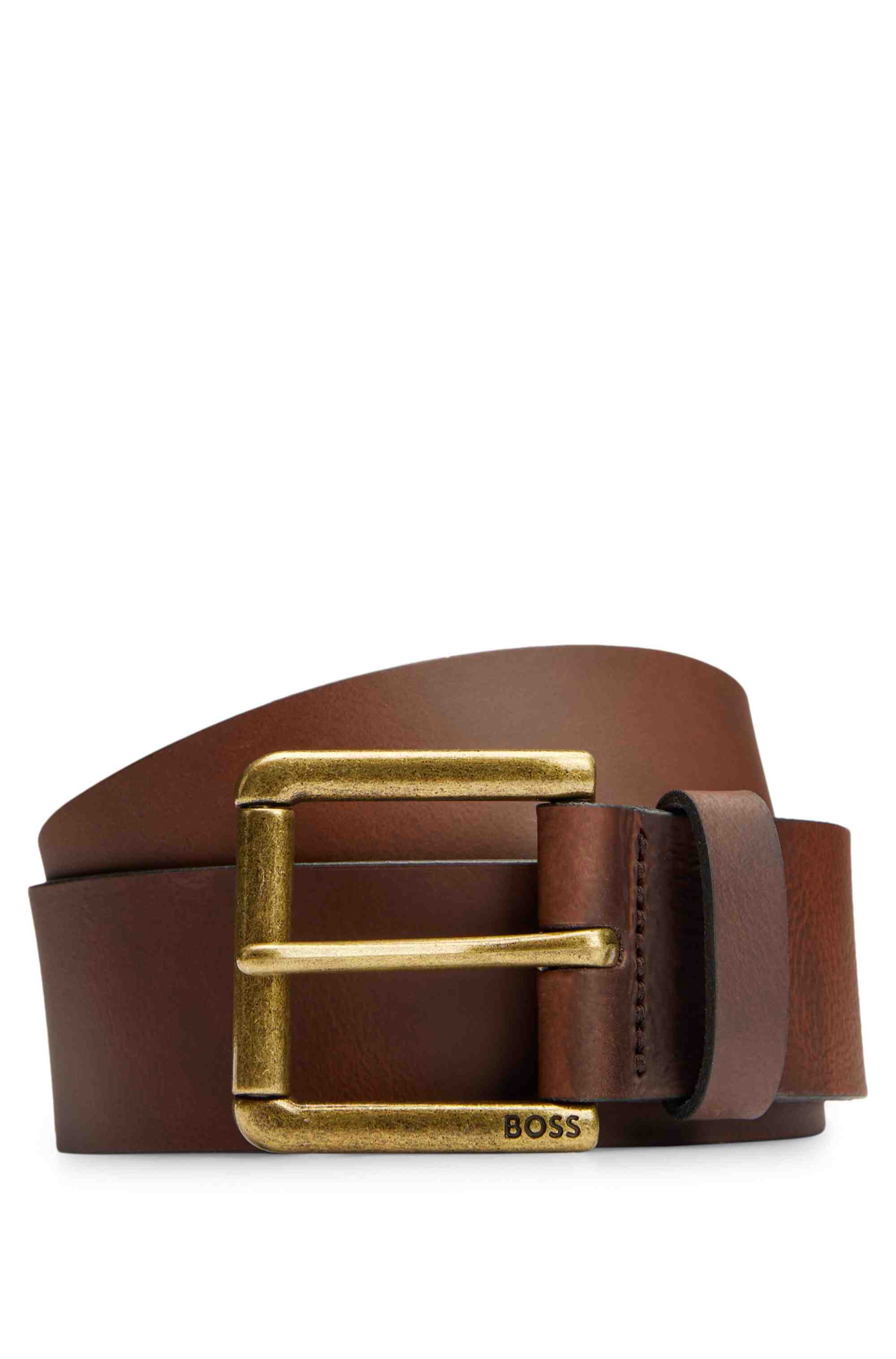 Smooth-leather belt with logo-engraved roller buckle
