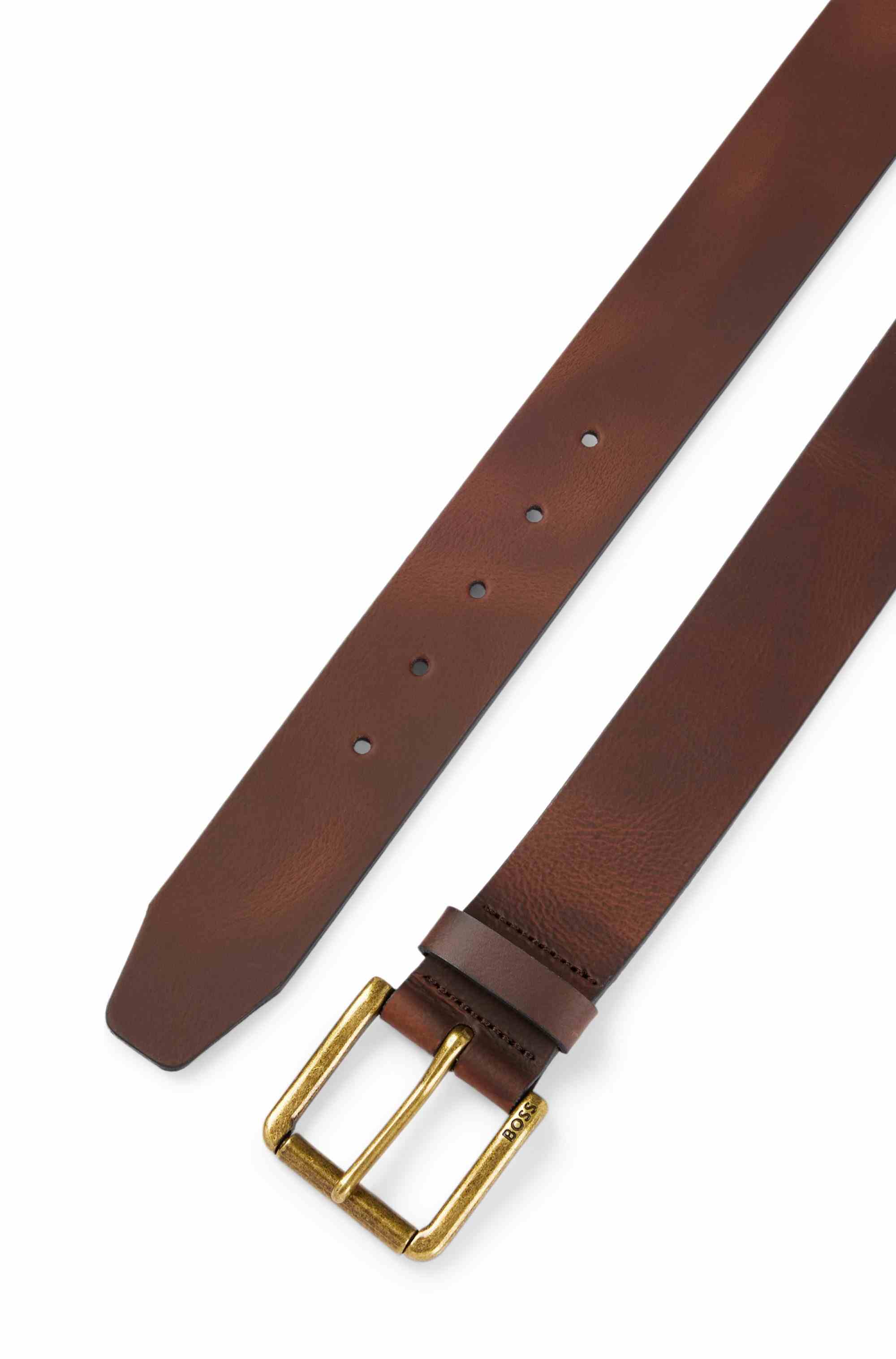 Smooth-leather belt with logo-engraved roller buckle