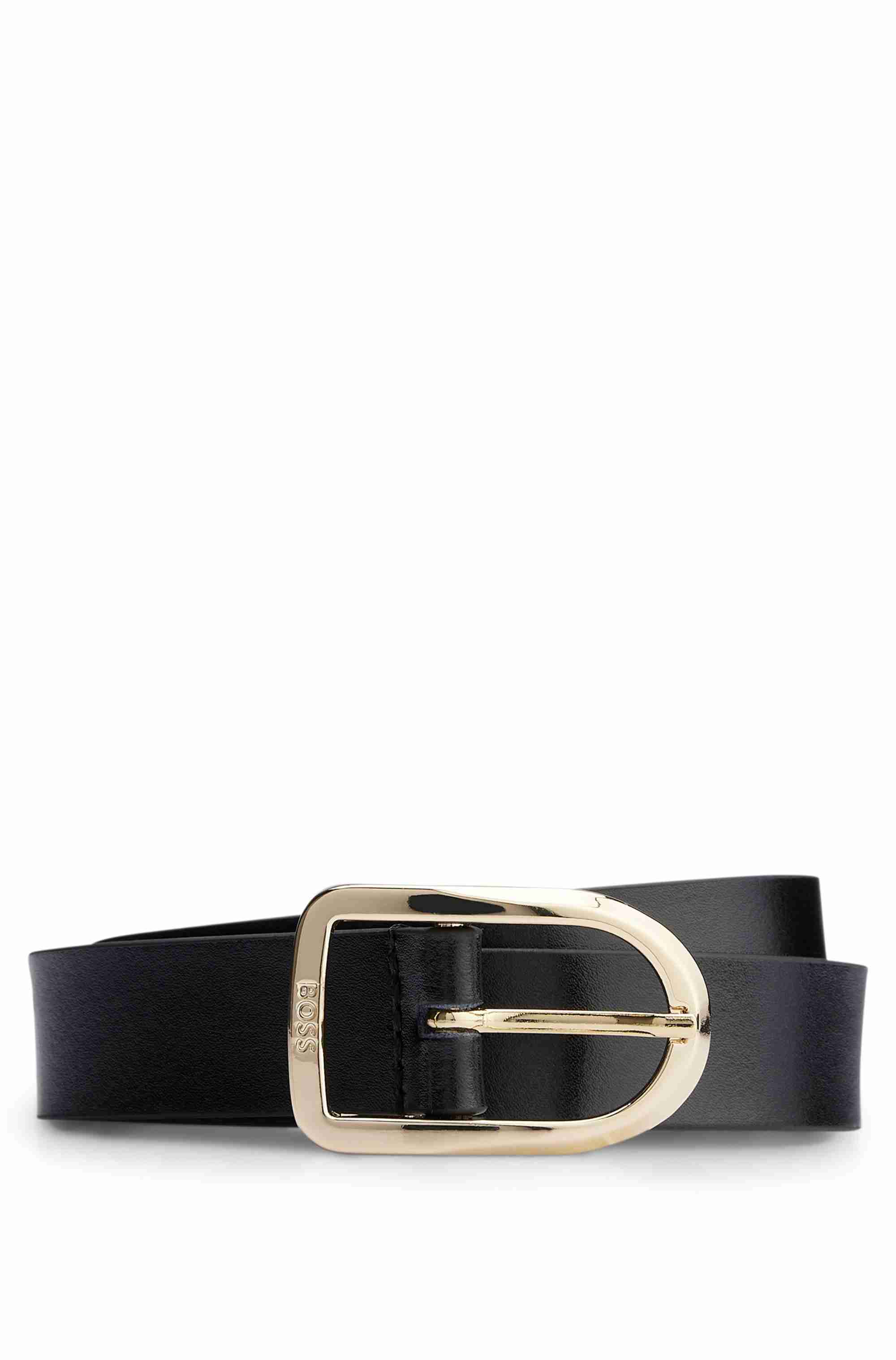 Leather belt with gold-tone logo-engraved buckle