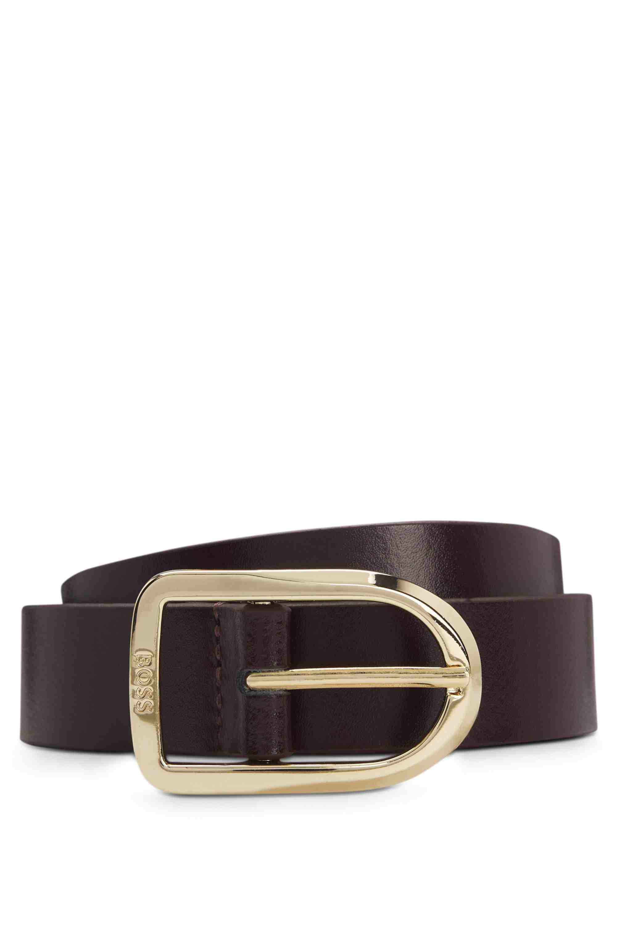 Leather belt with gold-tone logo-engraved buckle