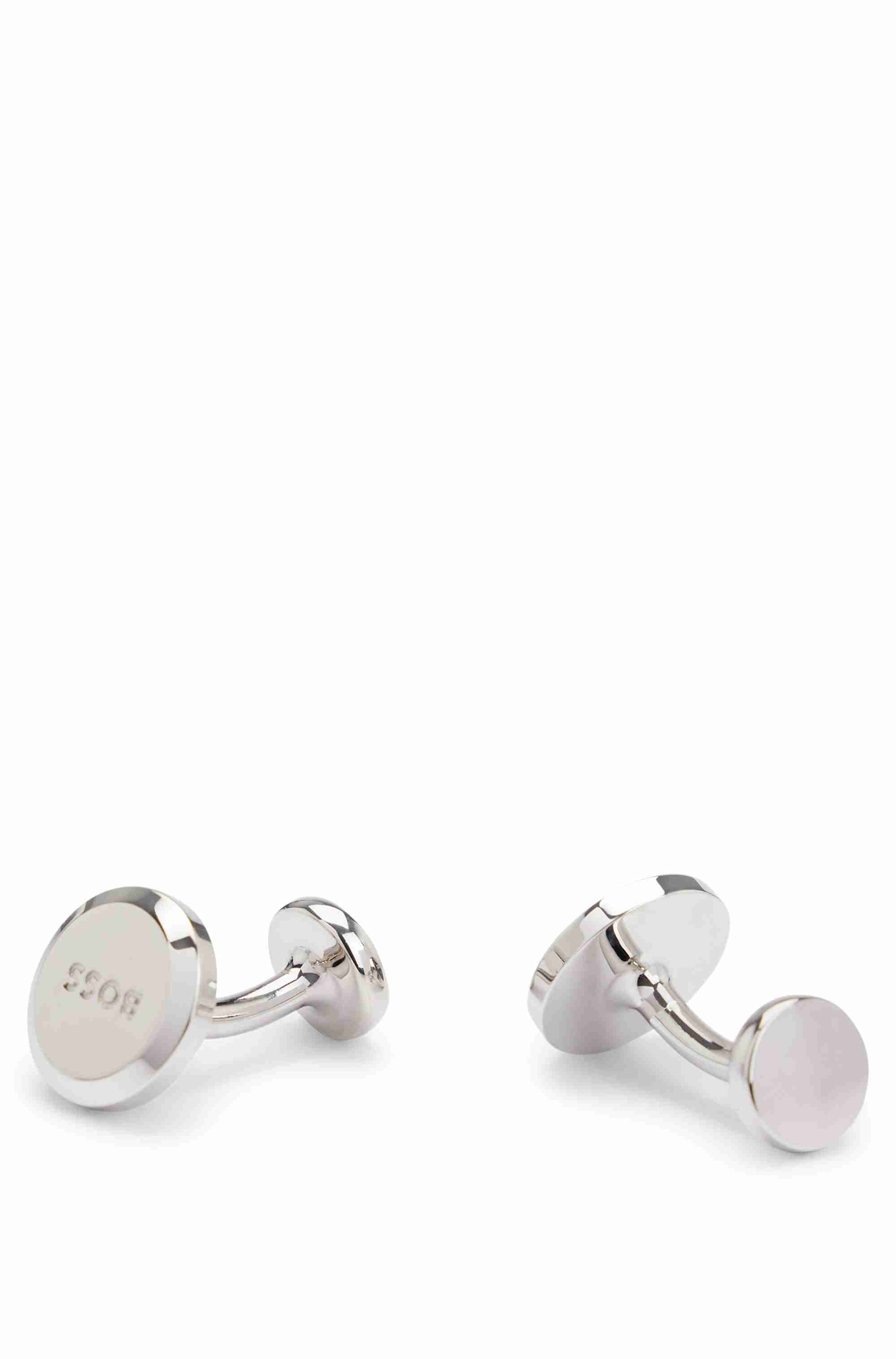 Round polished-brass cufflinks with engraved logo