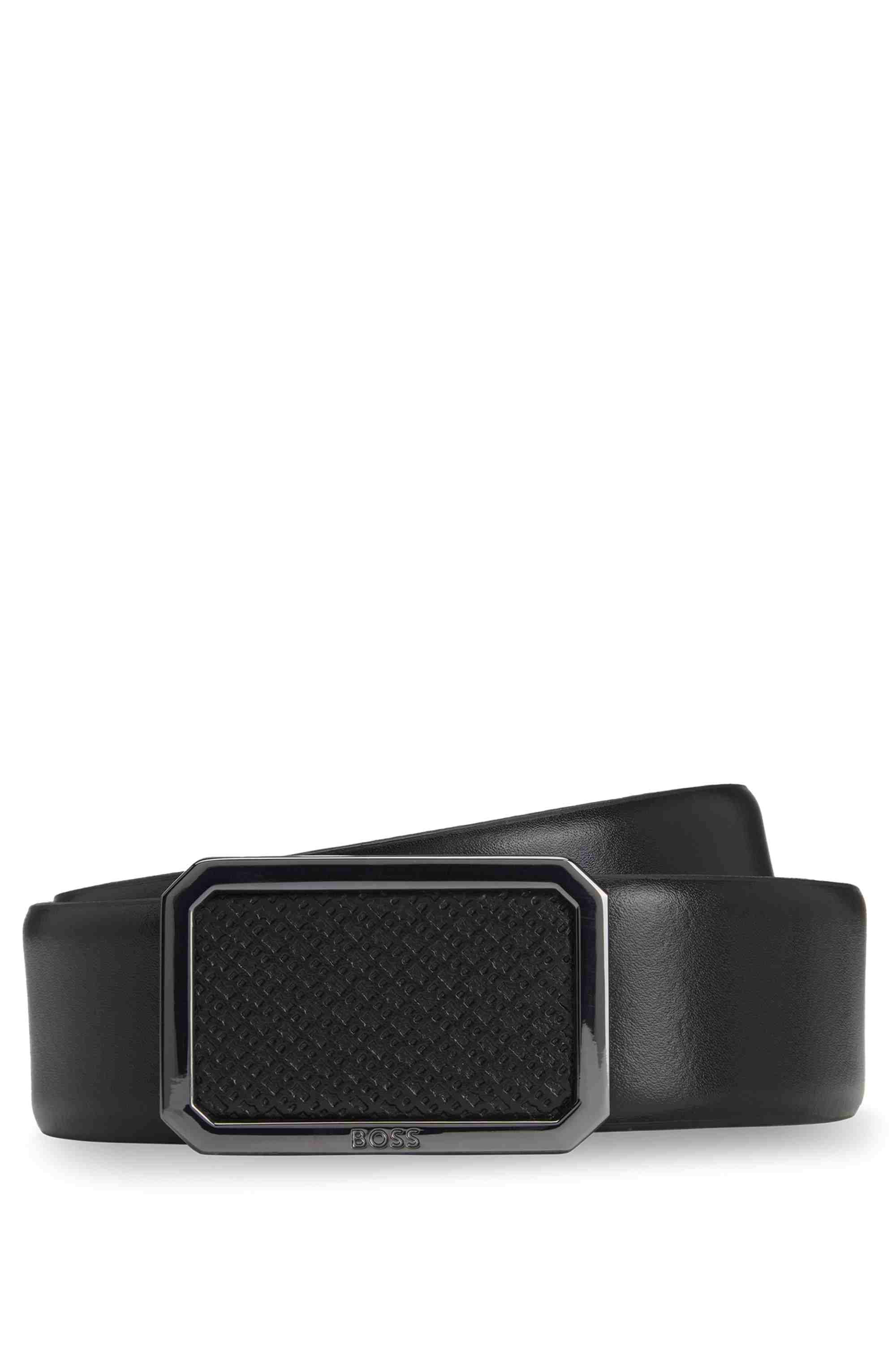 Italian-leather belt with plaque monogram buckle