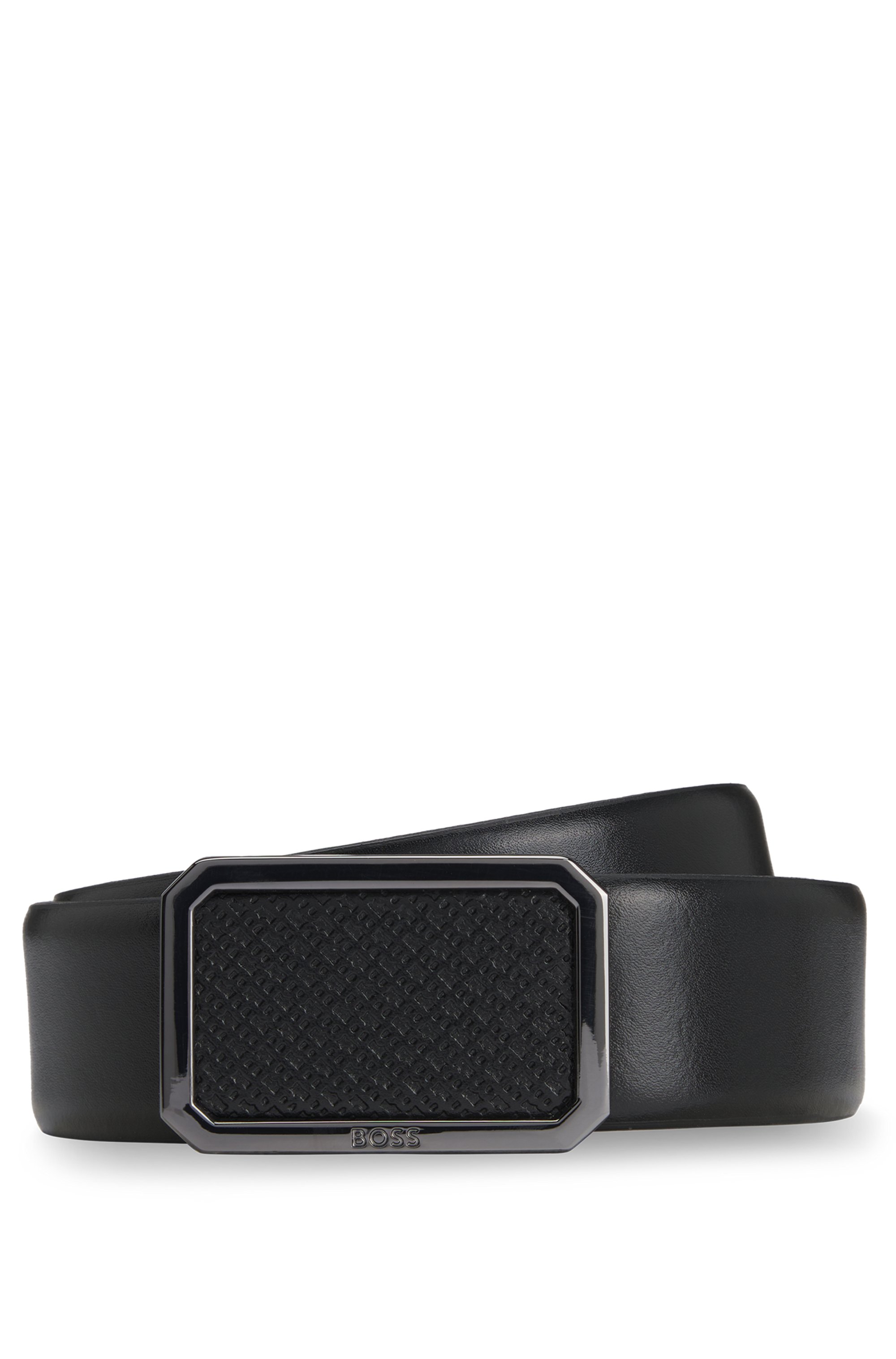 Italian-leather belt with plaque monogram buckle