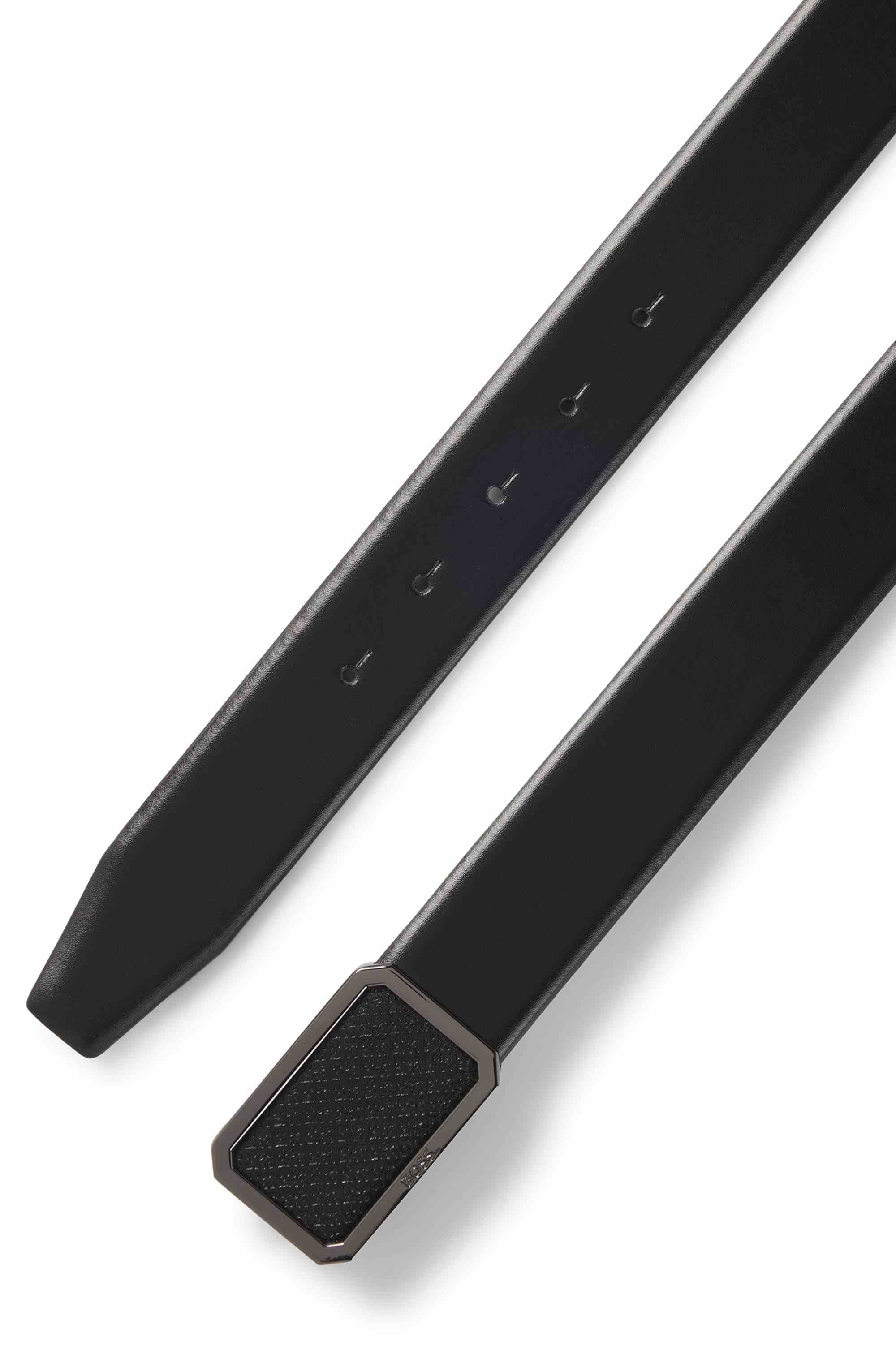 Italian-leather belt with plaque monogram buckle