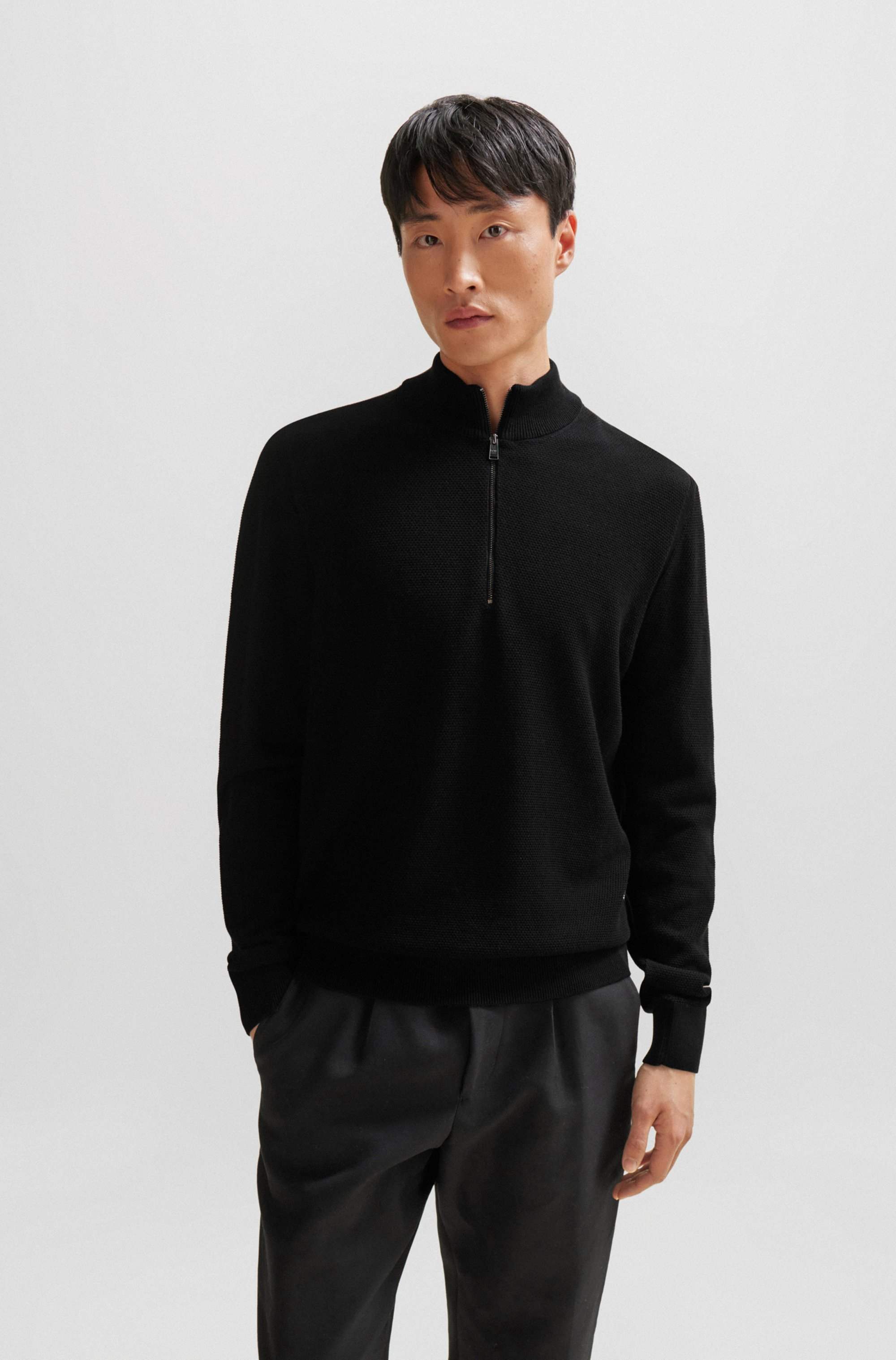 Quarter-zip cotton sweater with knitted structure