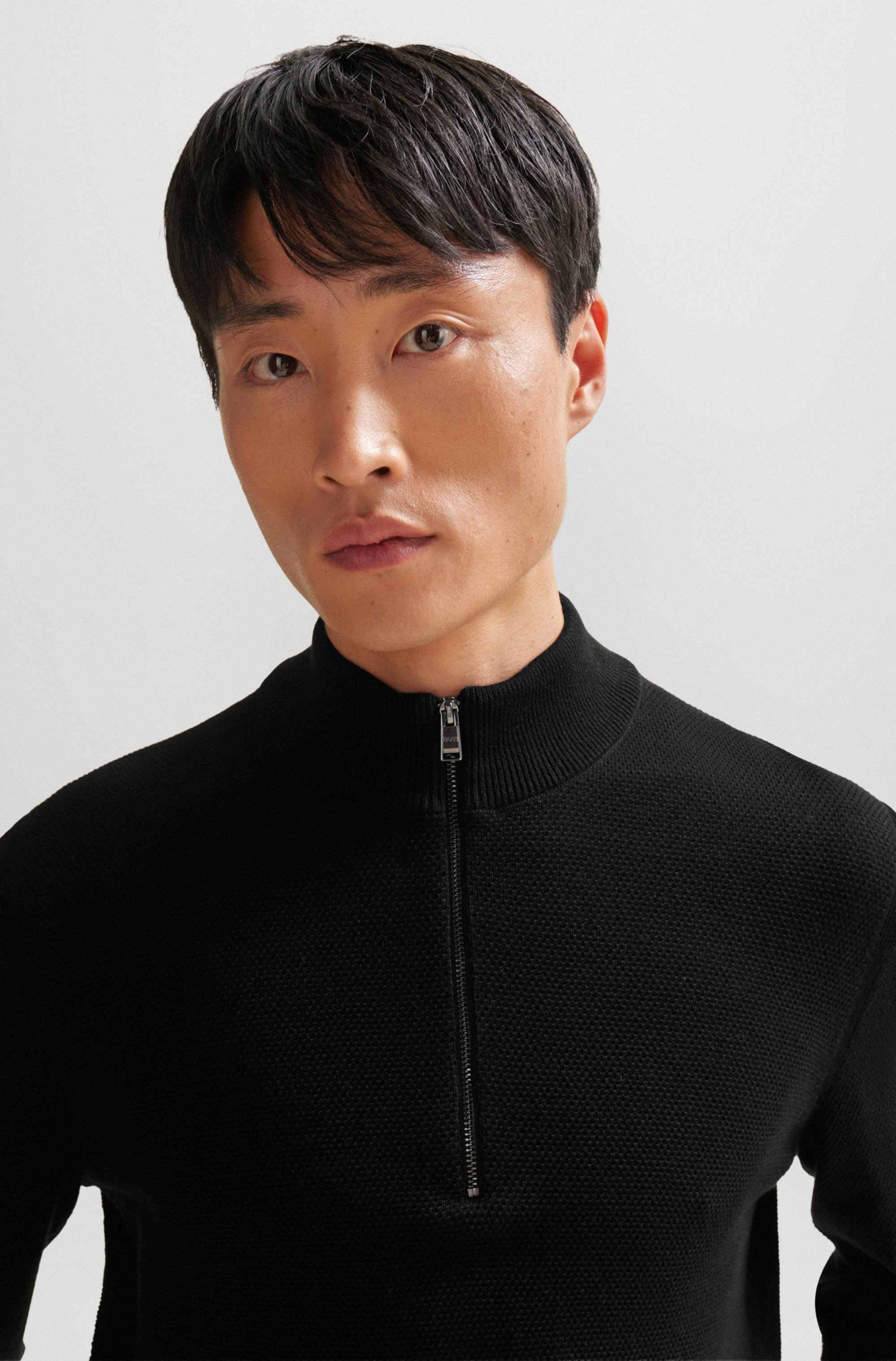 Quarter-zip cotton sweater with knitted structure