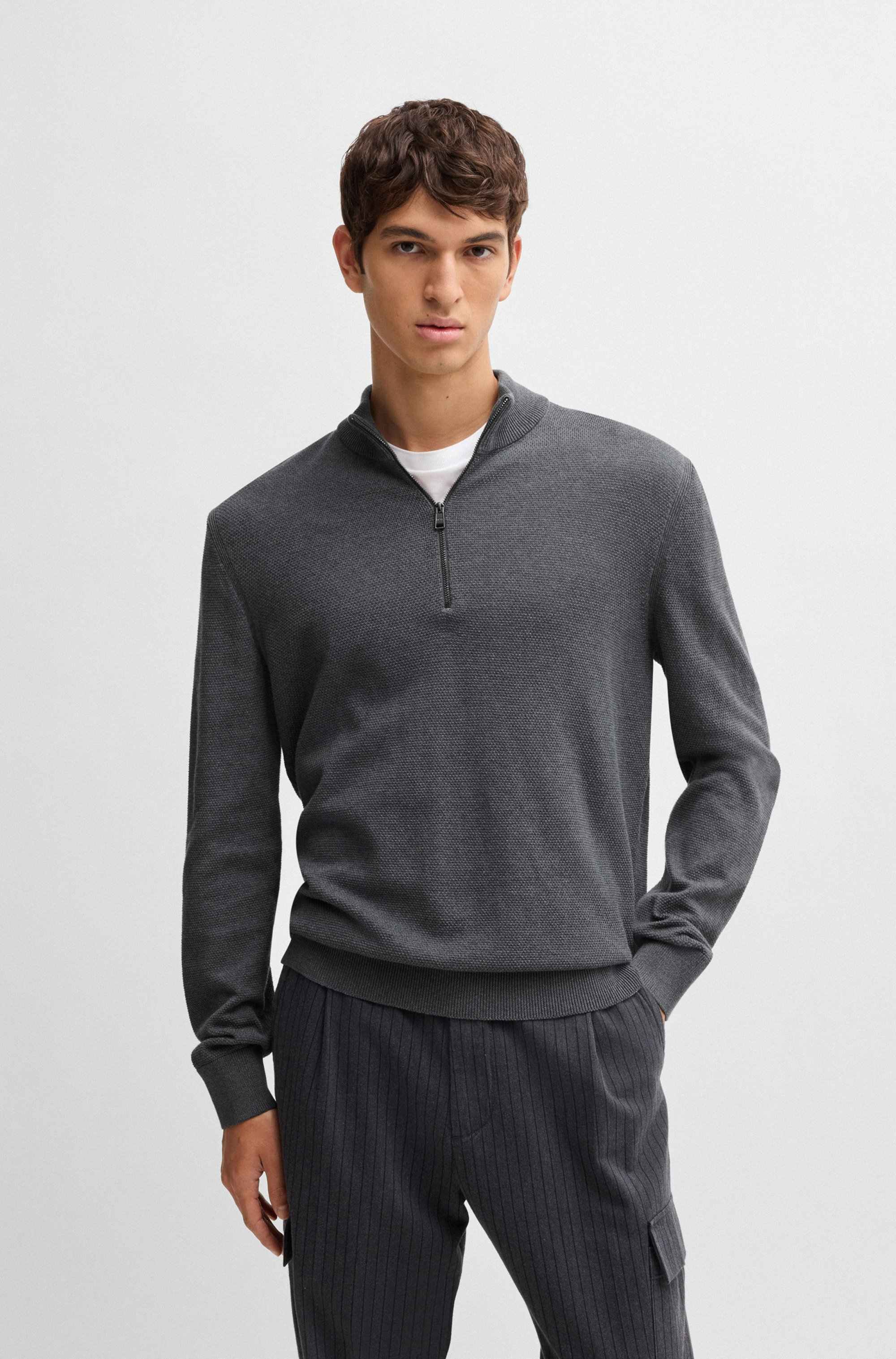 Quarter-zip cotton sweater with knitted structure