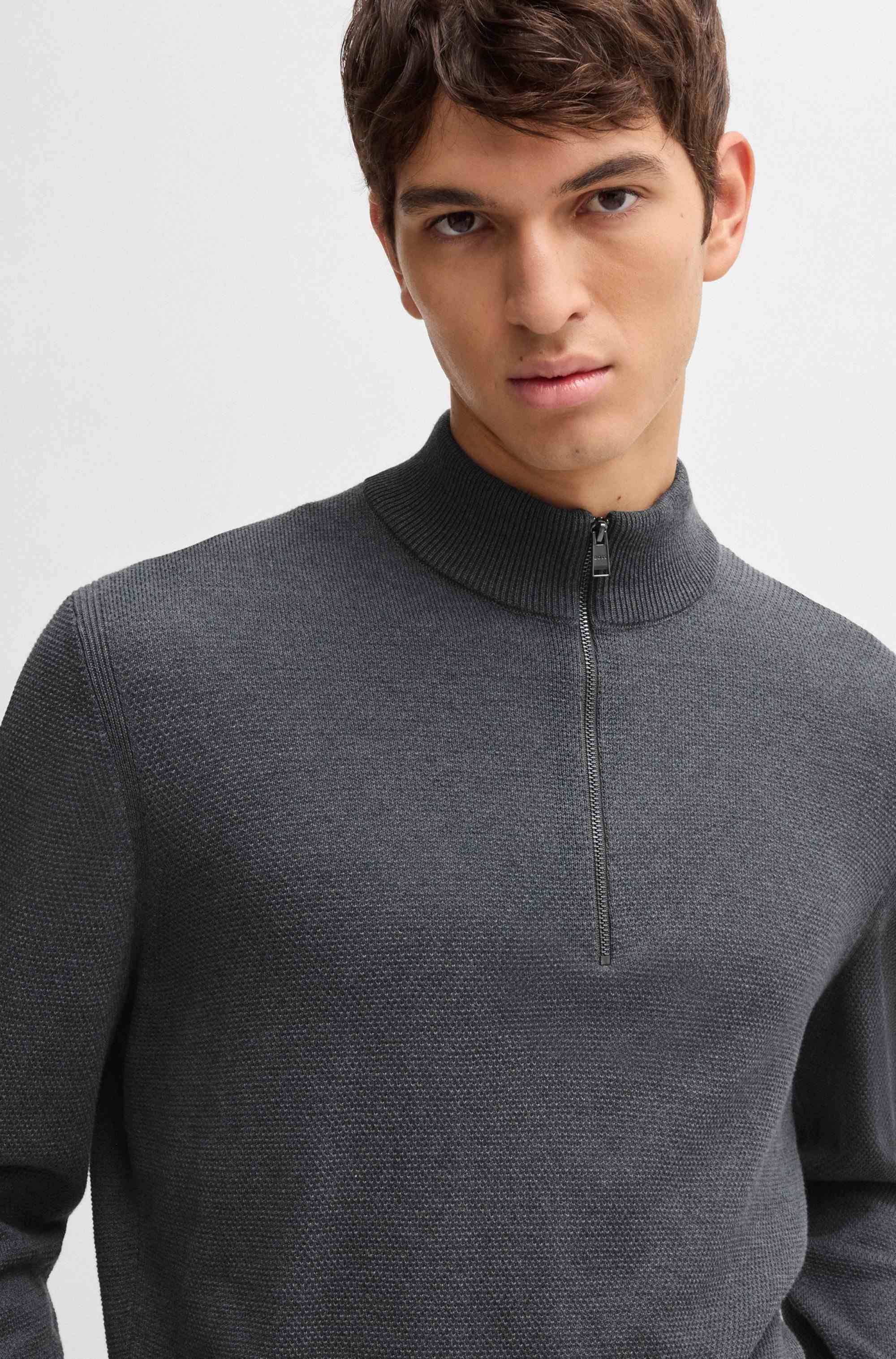 Quarter-zip cotton sweater with knitted structure