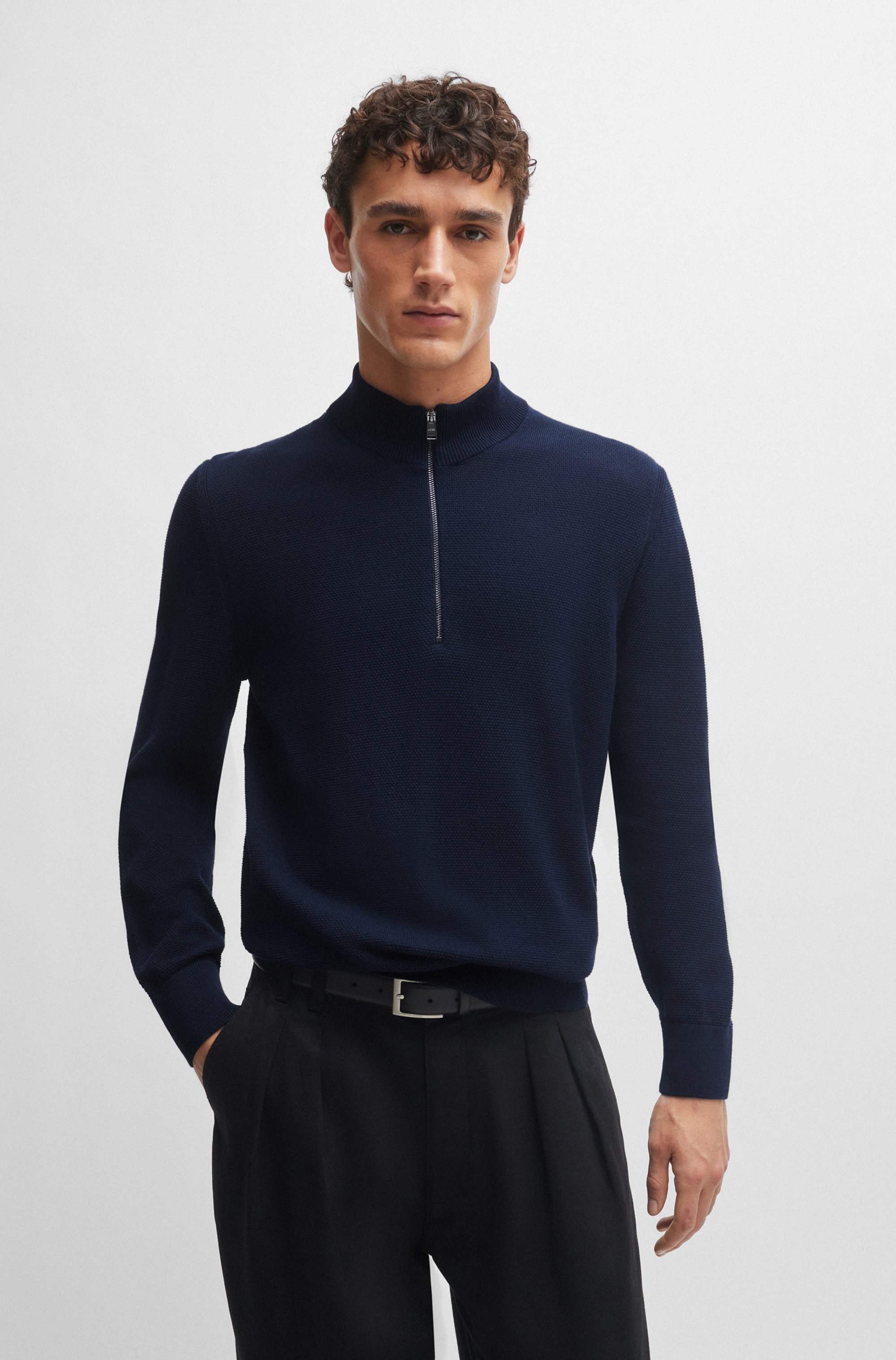 Quarter-zip cotton sweater with knitted structure