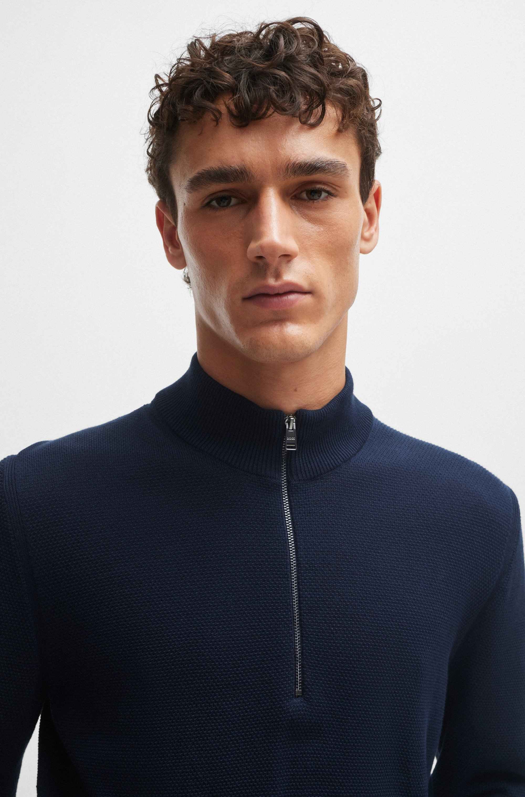 Quarter-zip cotton sweater with knitted structure