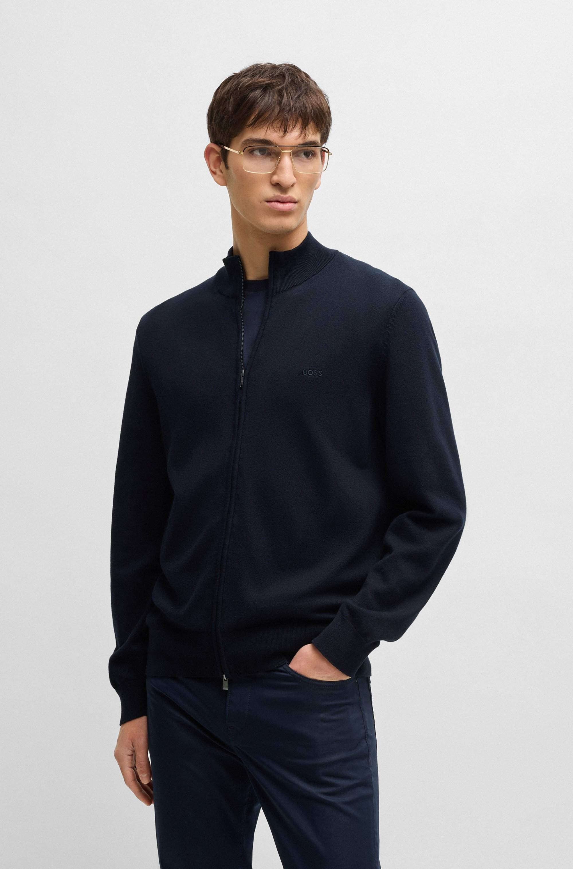 Knitted zip-up cardigan in cotton with embroidered logo