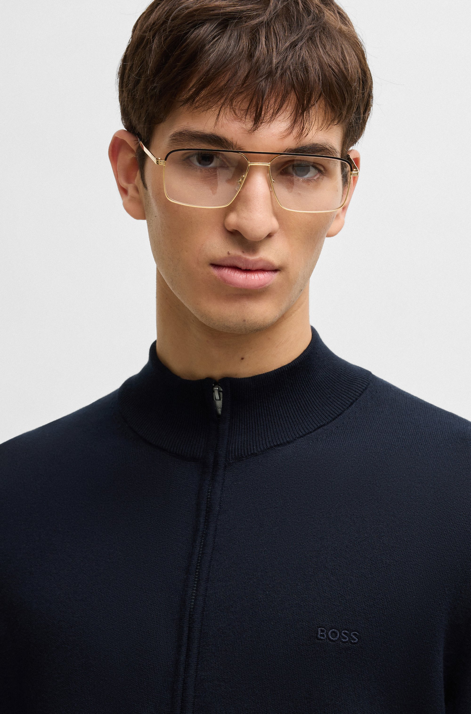 Knitted zip-up cardigan in cotton with embroidered logo