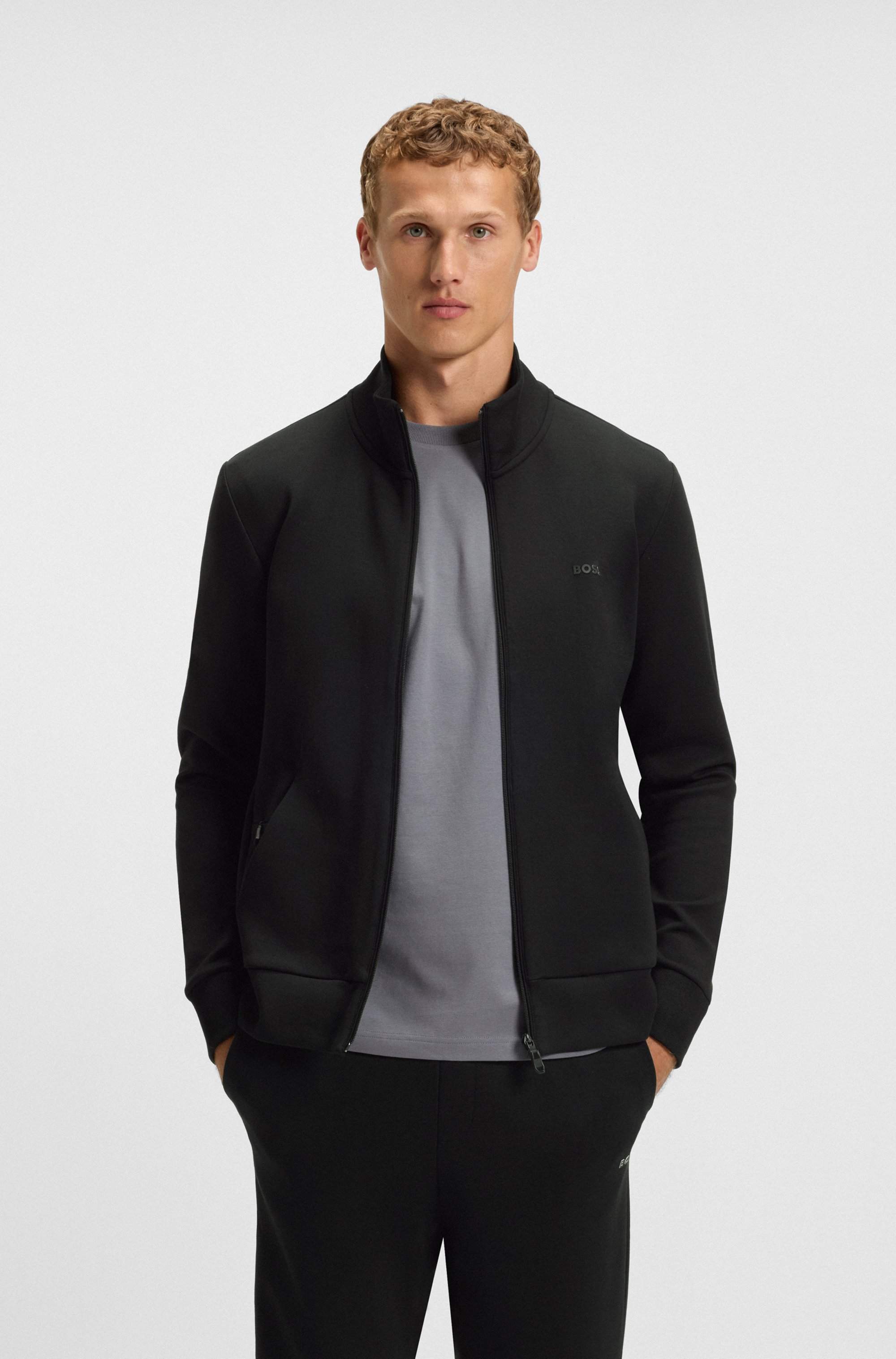 Zip-up sweatshirt in stretch cotton with logo print