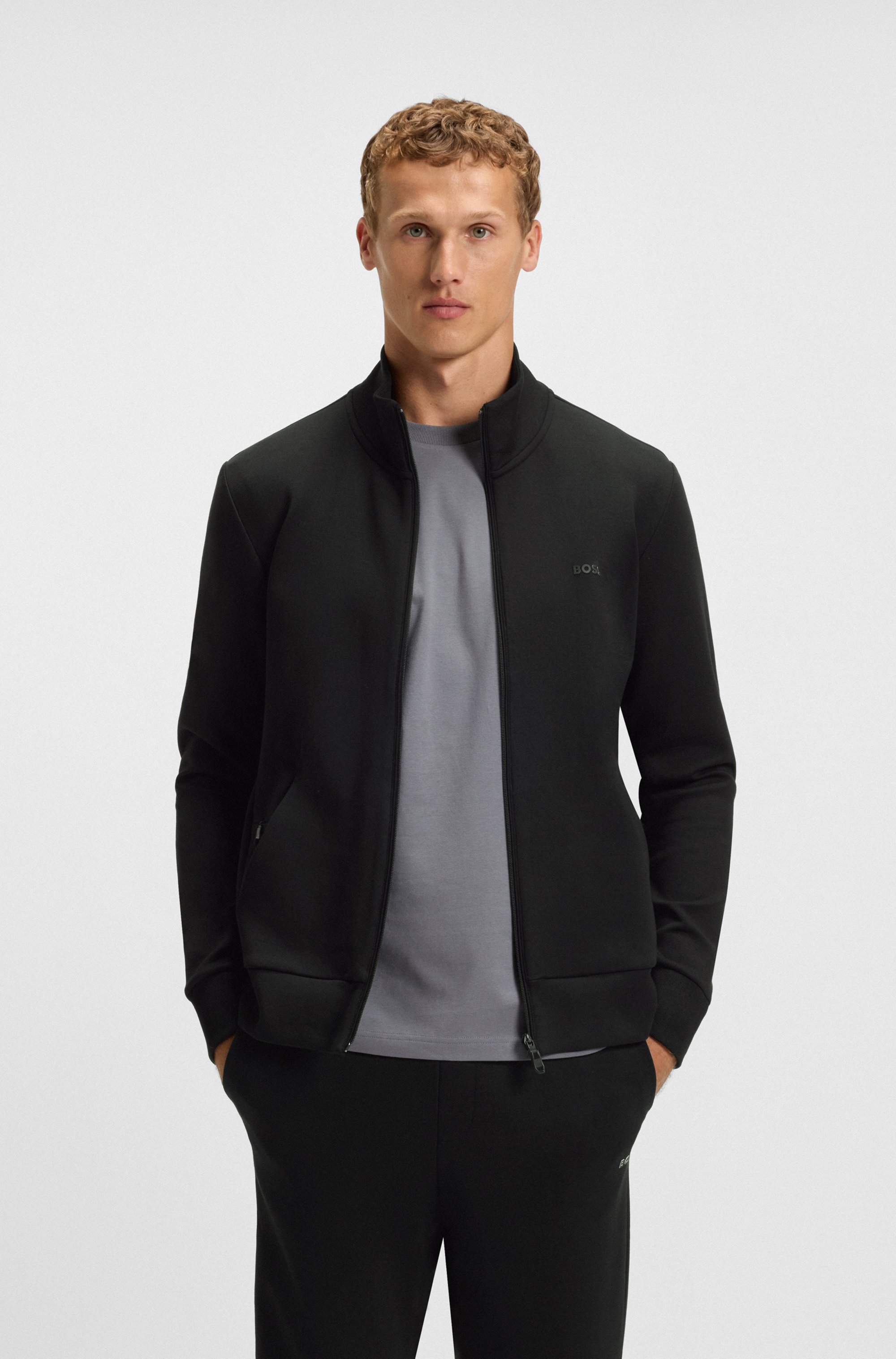 Zip-up sweatshirt in stretch cotton with logo print