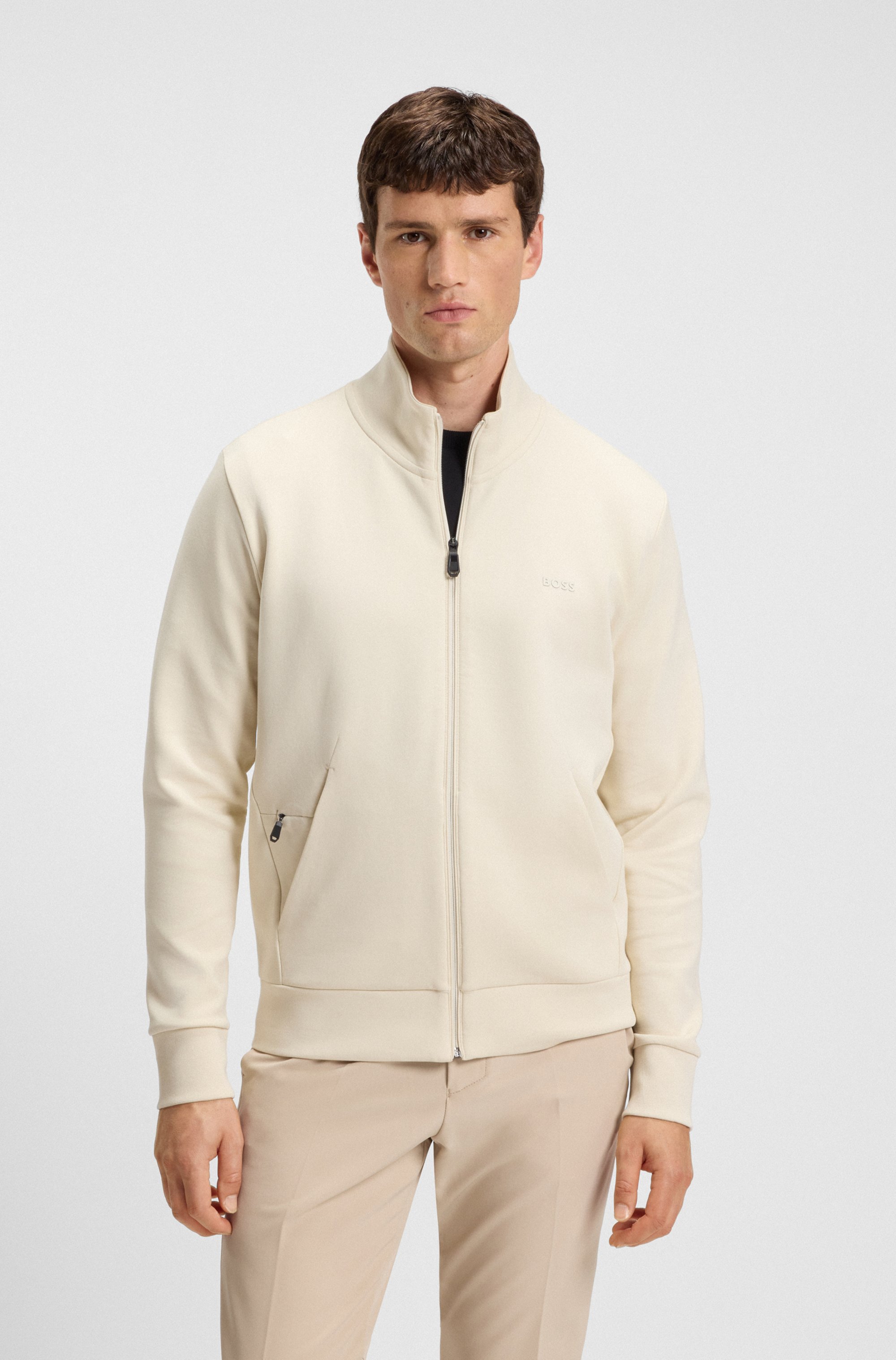Zip-up sweatshirt in stretch cotton with logo print