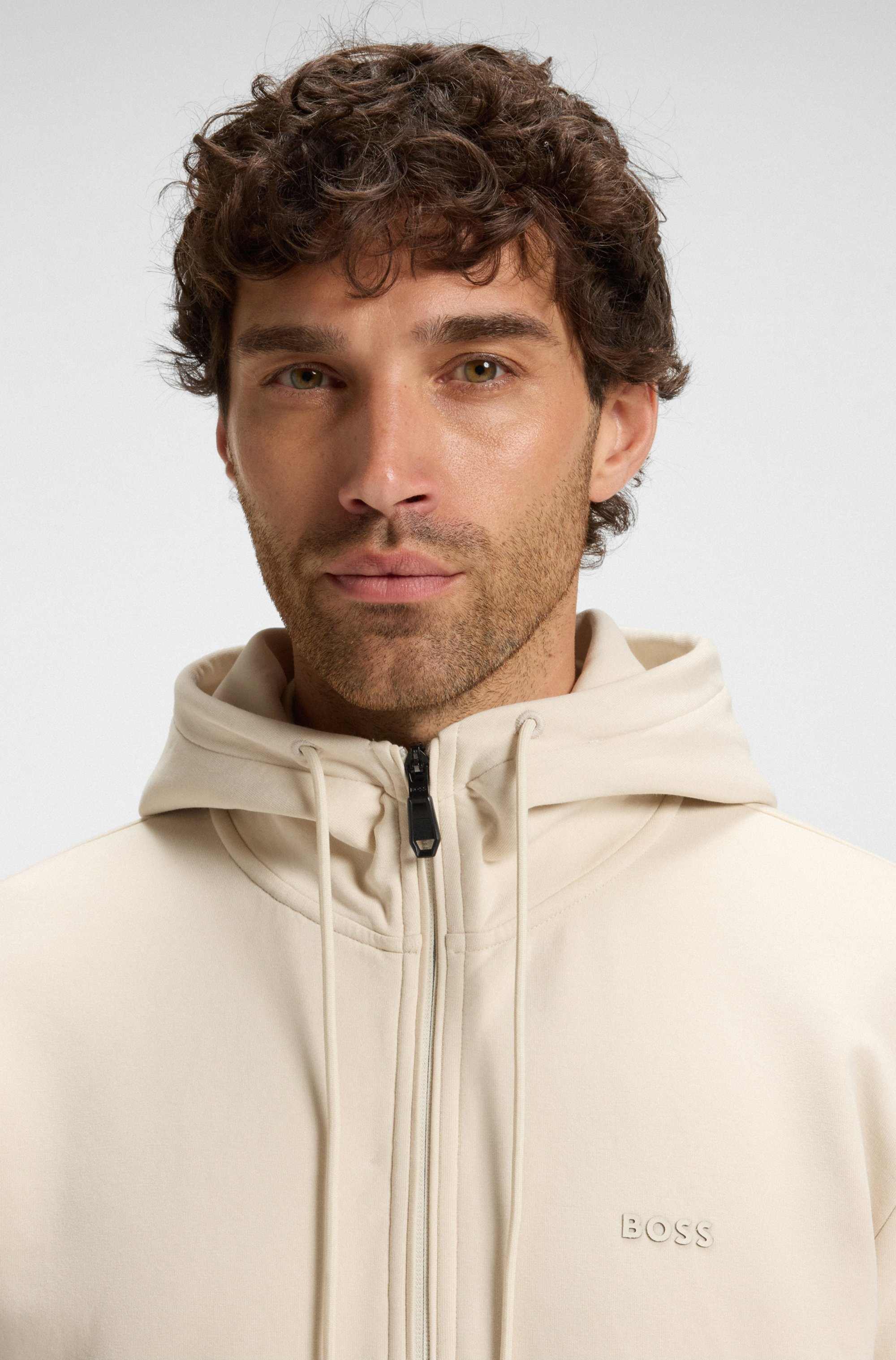 Zip-up hoodie in stretch cotton with logo print