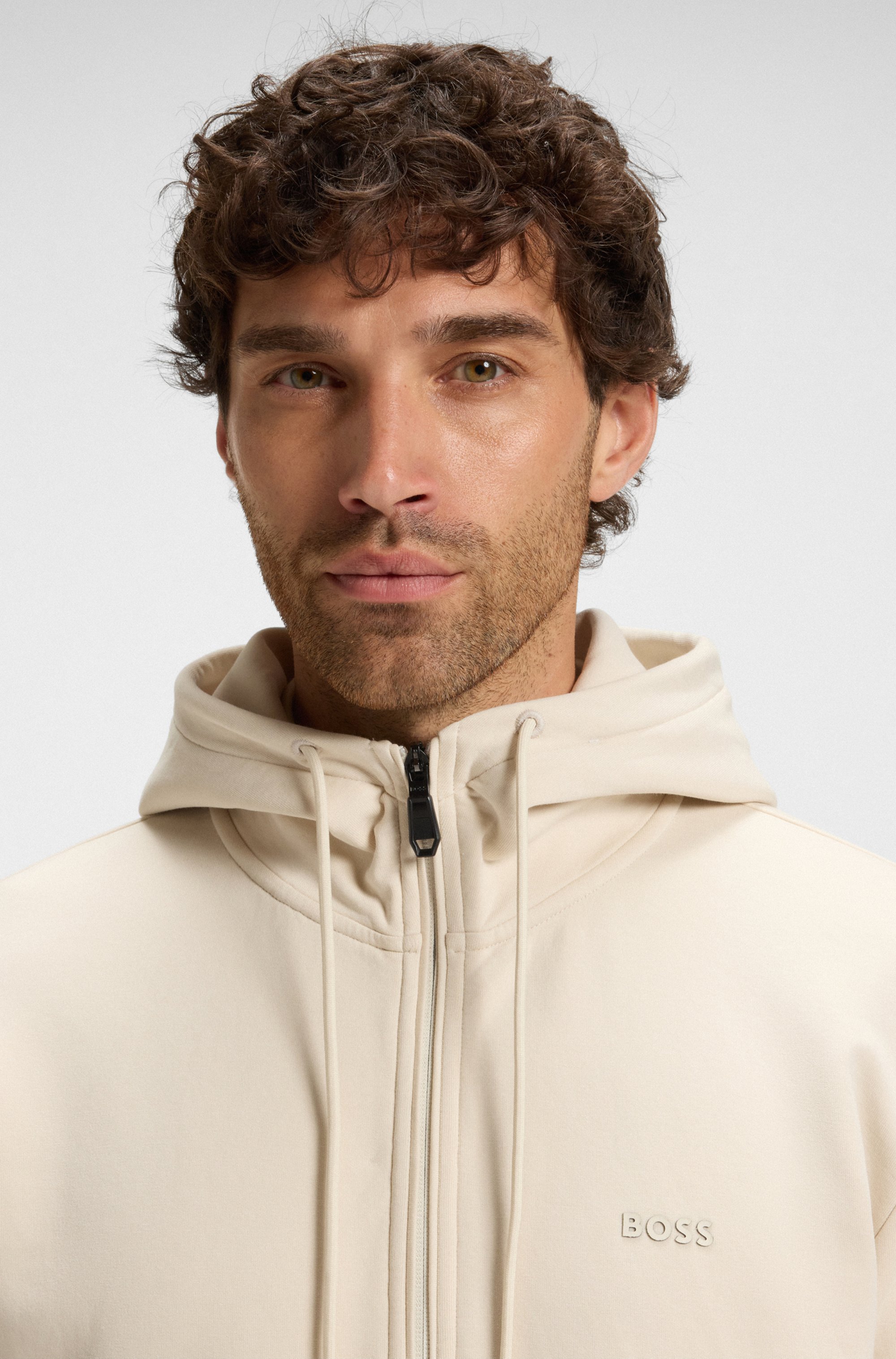 Zip-up hoodie in stretch cotton with logo print