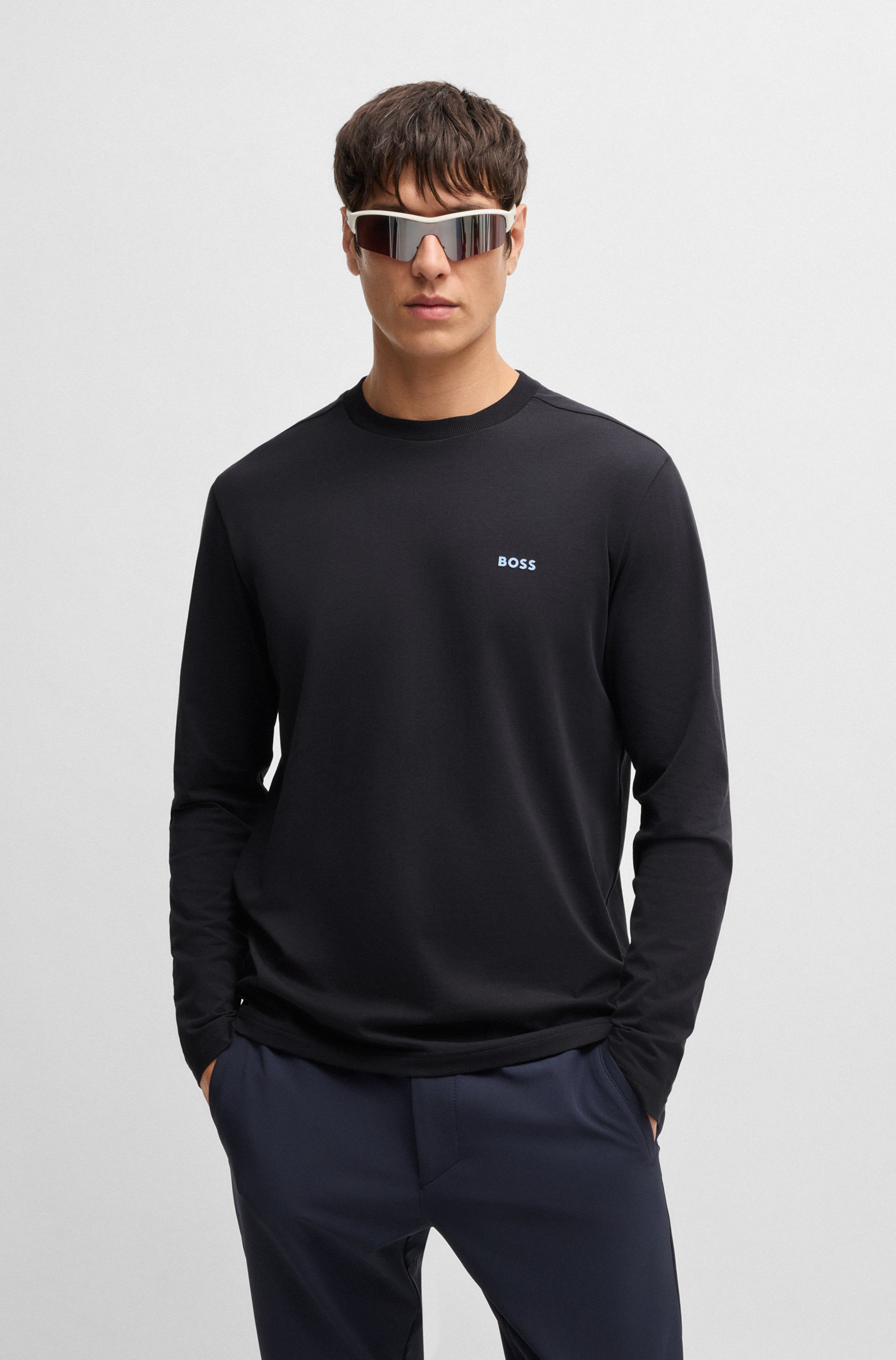 Long-sleeved T-shirt in stretch cotton with contrast logo