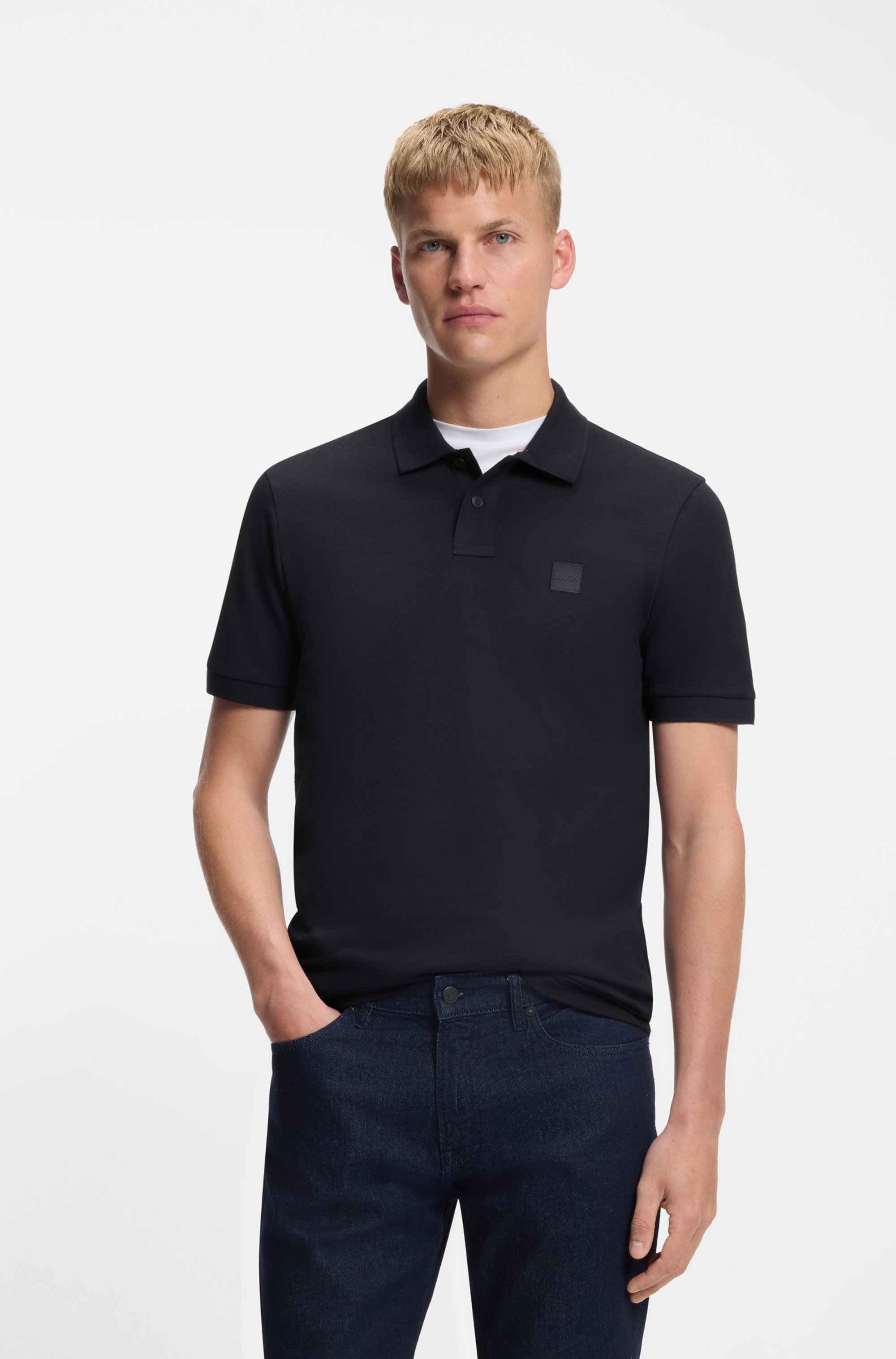 Stretch-cotton slim-fit polo shirt with logo patch