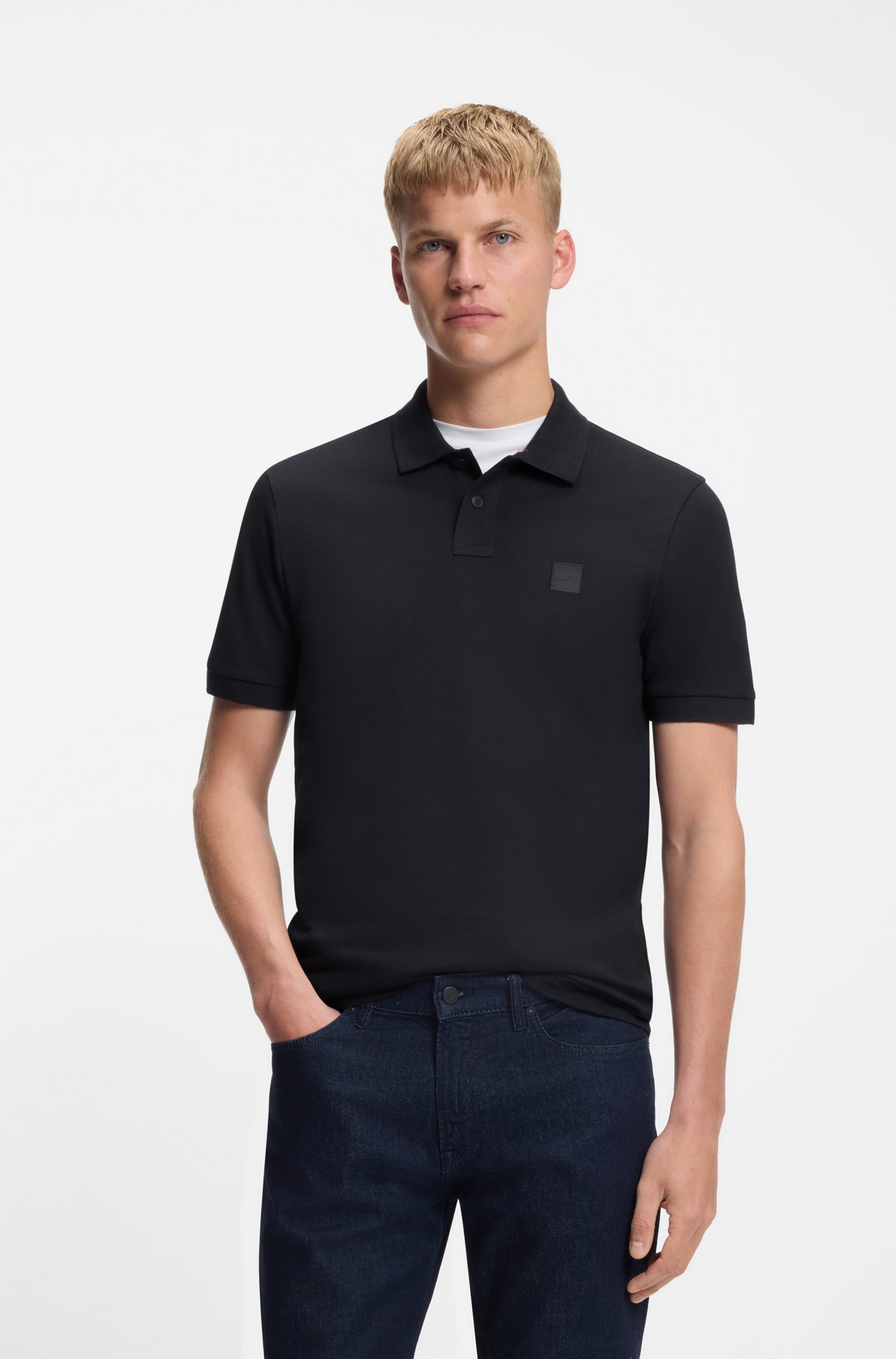 Stretch-cotton slim-fit polo shirt with logo patch