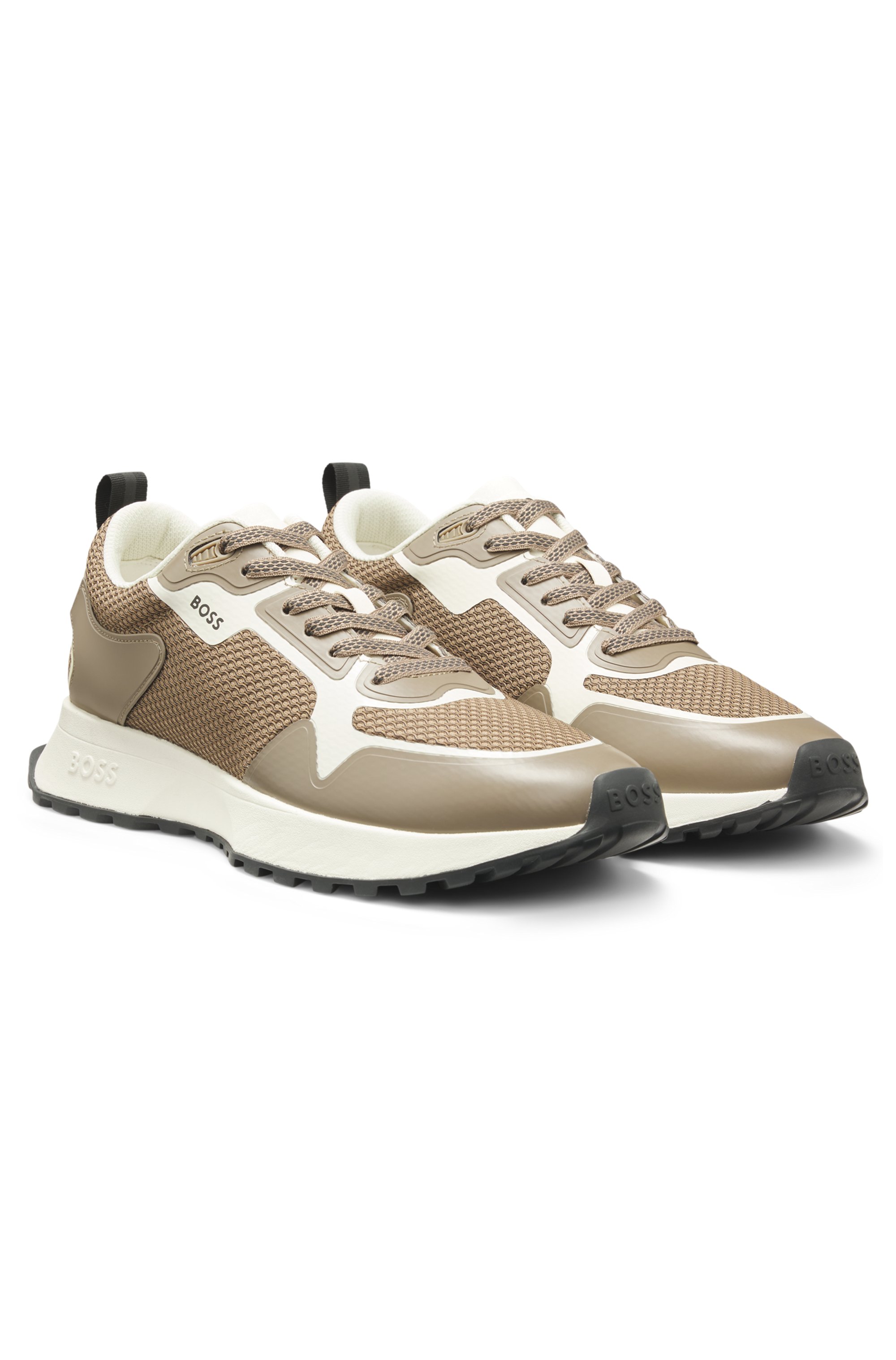 Mixed-material trainers with mesh details and branding