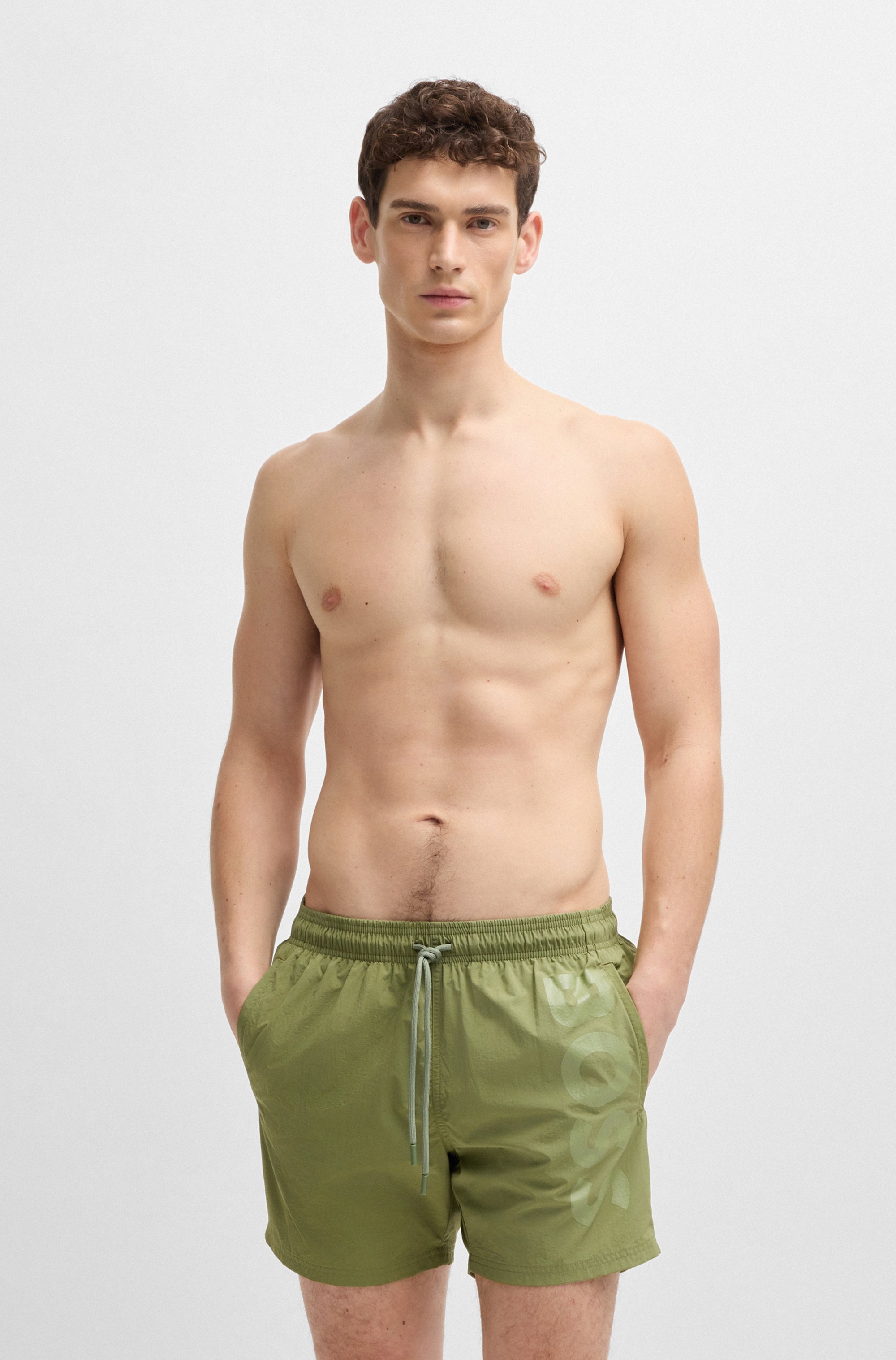 Quick-dry swim shorts with vertical logo print